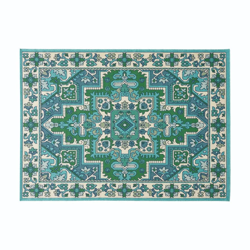 Dian Area Rug, 5 x 7, Ivory and Blue Indoor Outdoor, Medallion Design By Casagear Home
