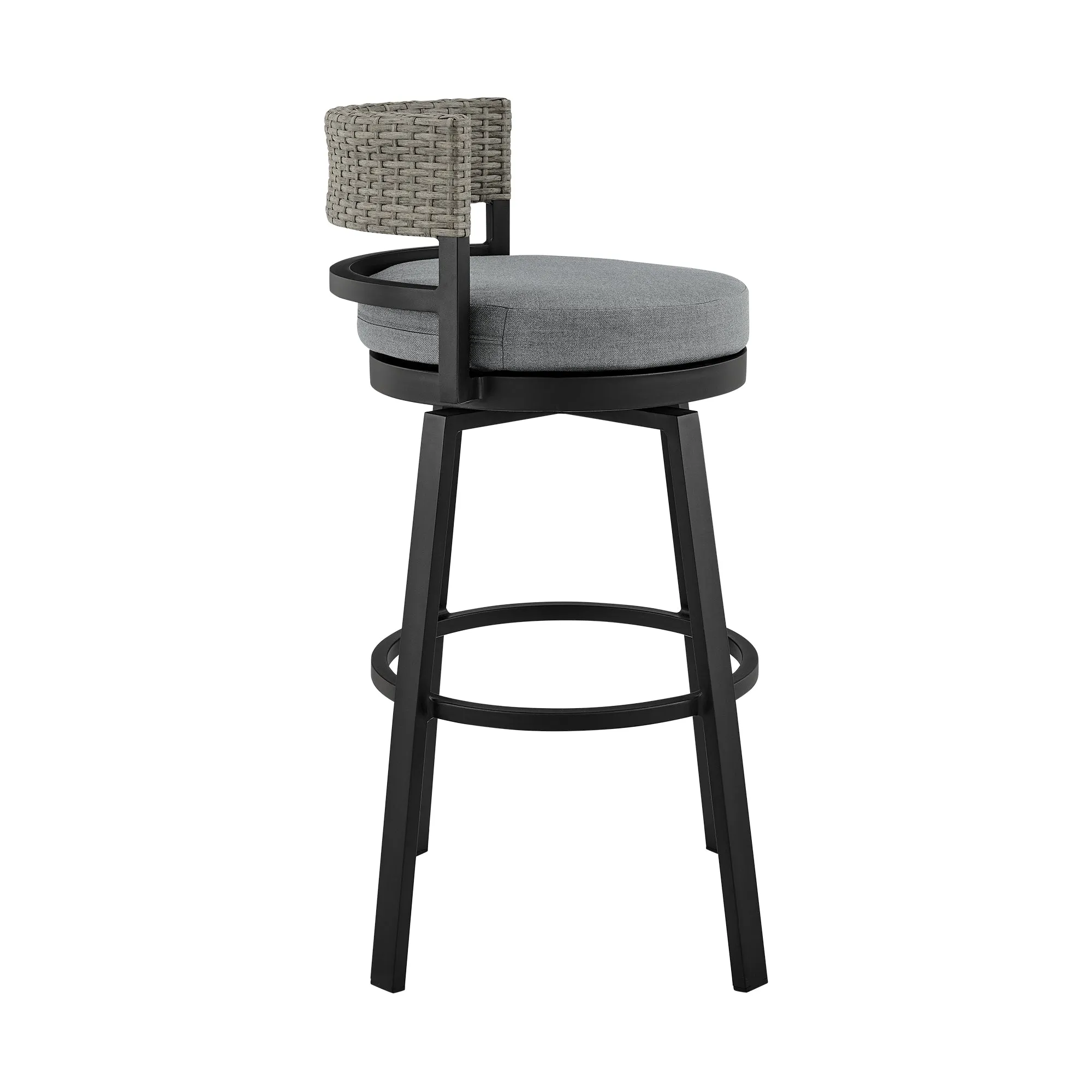 Encinitas Outdoor Patio Swivel Bar Stool in Aluminum and Wicker with Grey Cushions By Armen Living