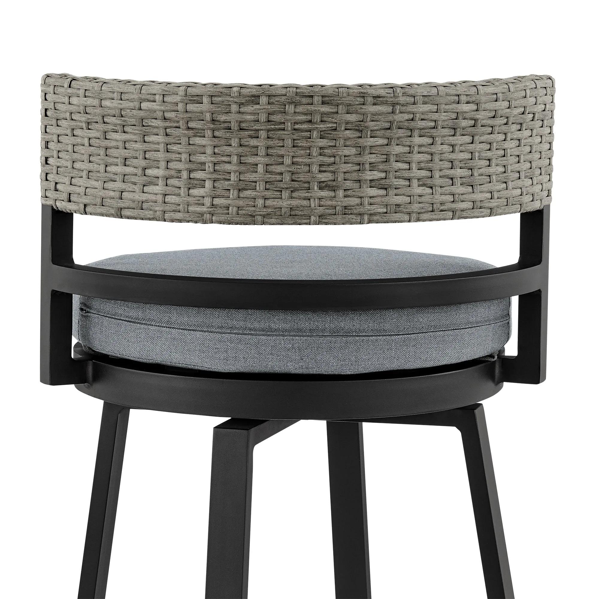 Encinitas Outdoor Patio Swivel Bar Stool in Aluminum and Wicker with Grey Cushions By Armen Living