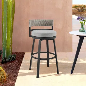 Encinitas Outdoor Patio Swivel Bar Stool in Aluminum and Wicker with Grey Cushions By Armen Living