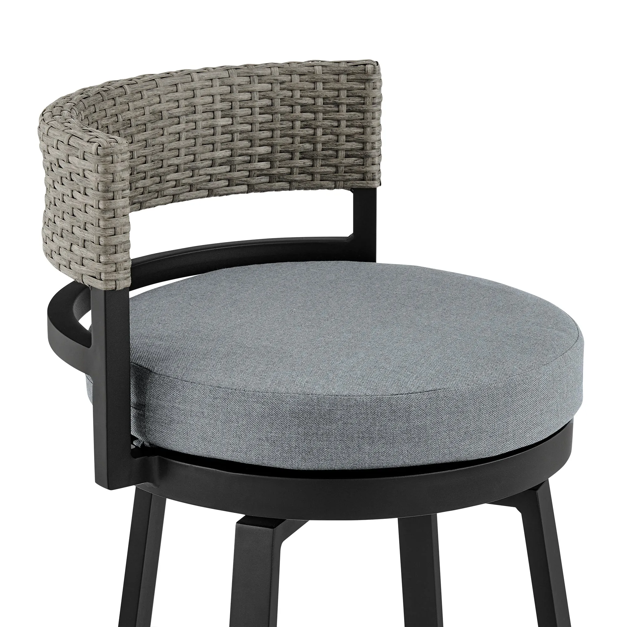 Encinitas Outdoor Patio Swivel Bar Stool in Aluminum and Wicker with Grey Cushions By Armen Living