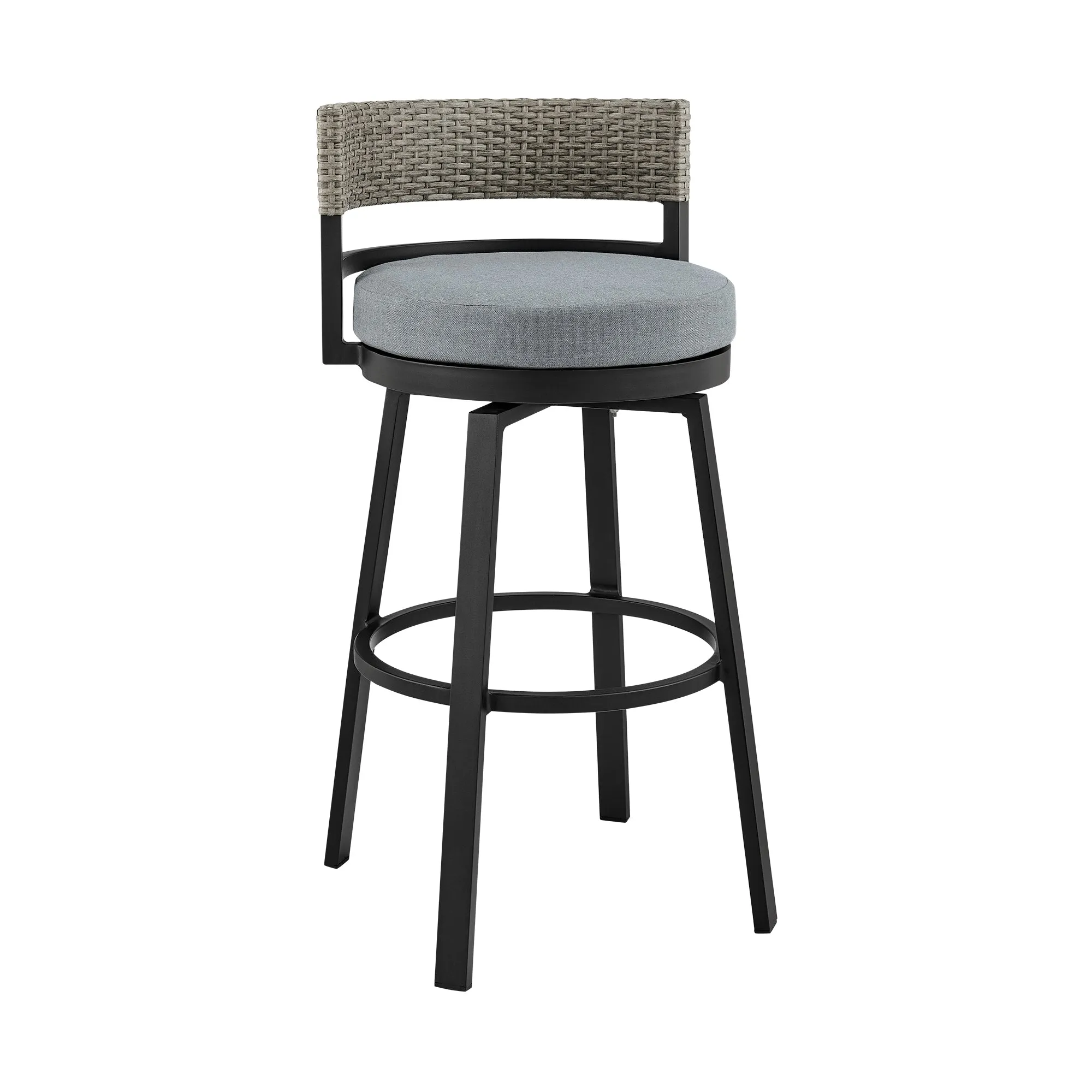 Encinitas Outdoor Patio Swivel Bar Stool in Aluminum and Wicker with Grey Cushions By Armen Living