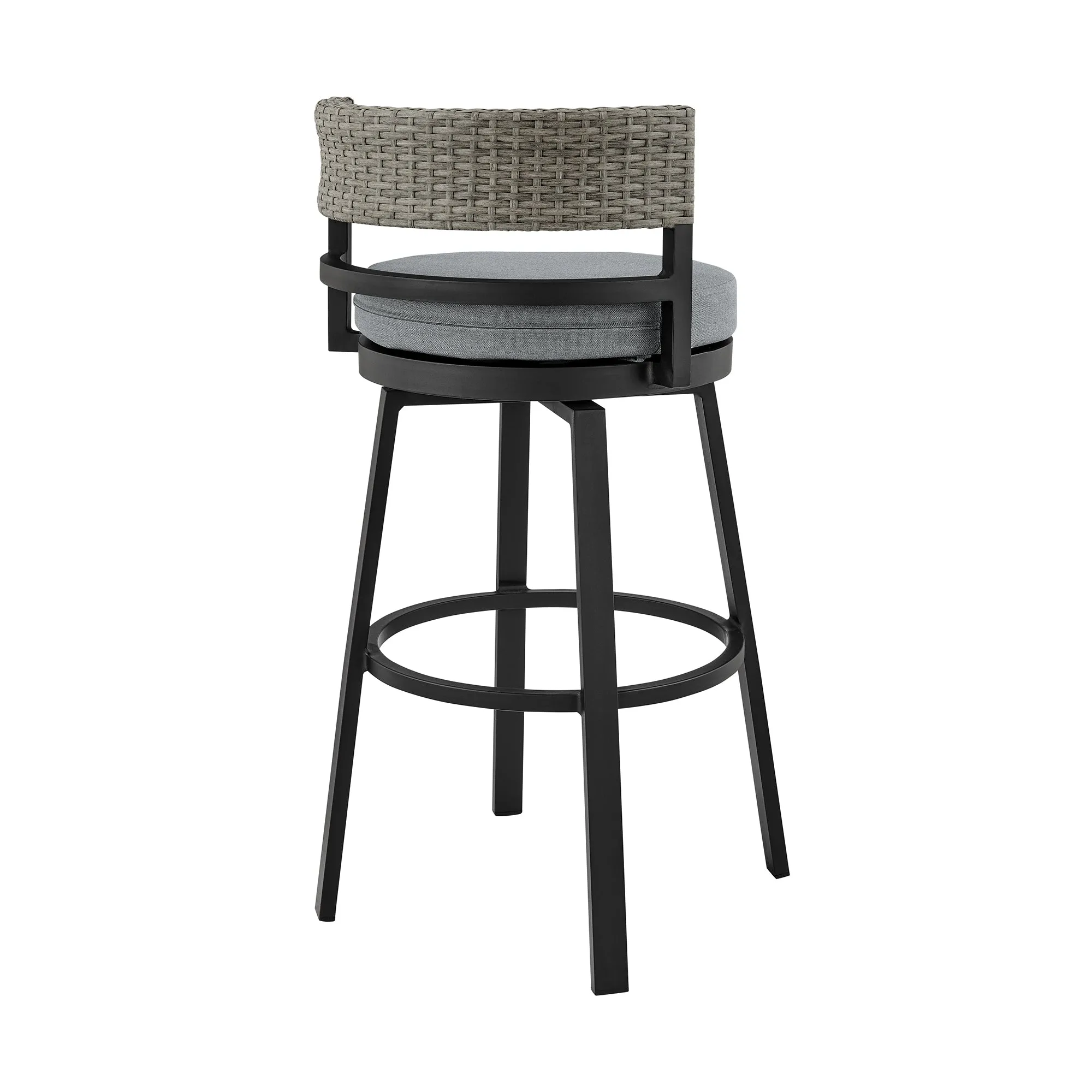 Encinitas Outdoor Patio Swivel Bar Stool in Aluminum and Wicker with Grey Cushions By Armen Living