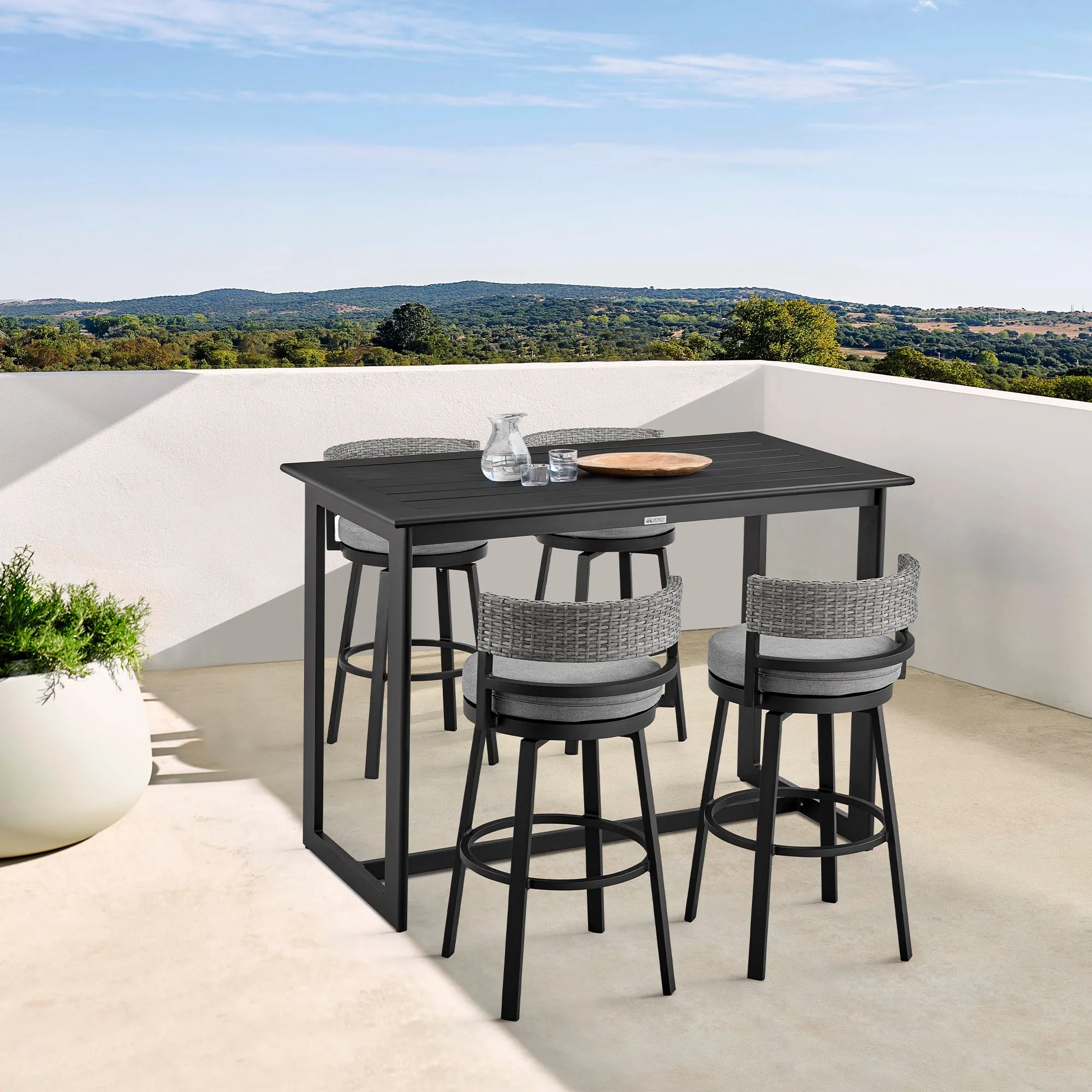 Encinitas Outdoor Patio Swivel Bar Stool in Aluminum and Wicker with Grey Cushions By Armen Living