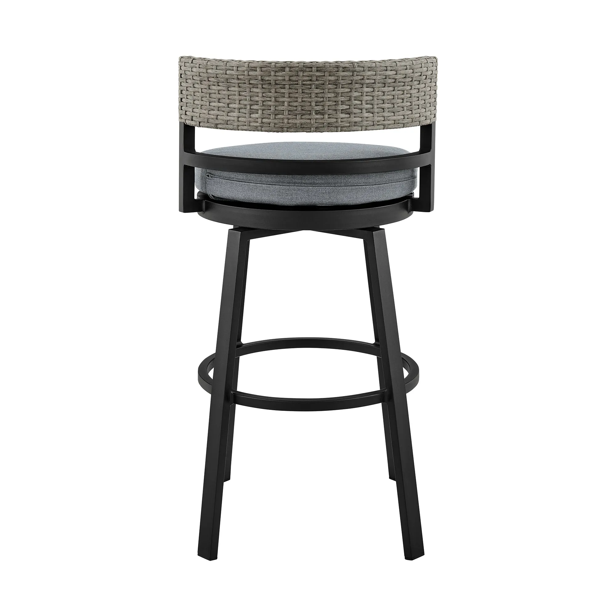 Encinitas Outdoor Patio Swivel Bar Stool in Aluminum and Wicker with Grey Cushions By Armen Living