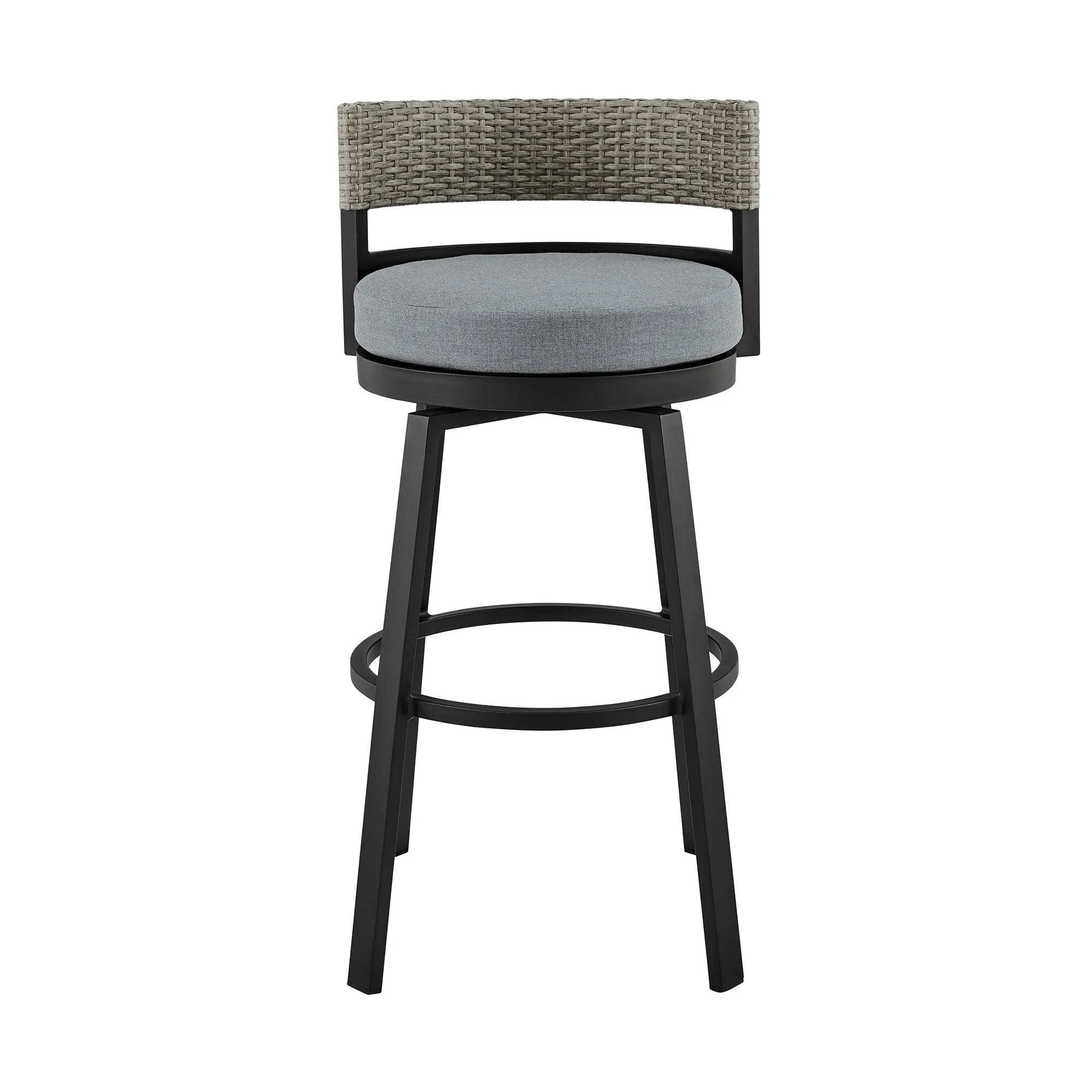 Encinitas Outdoor Patio Swivel Bar Stool in Aluminum and Wicker with Grey Cushions By Armen Living