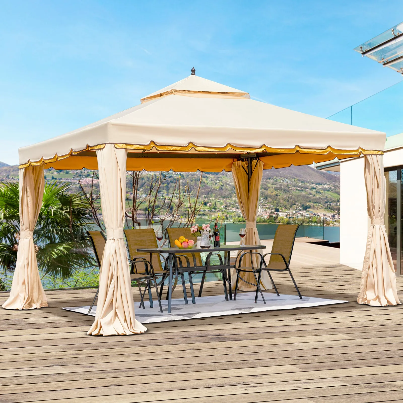 Erommy 10' x 12' Outdoor Canopy Gazebo, Double Roof Patio Gazebo Steel Frame with Netting and Shade Curtains for Garden, Patio, Party Canopy, Beige