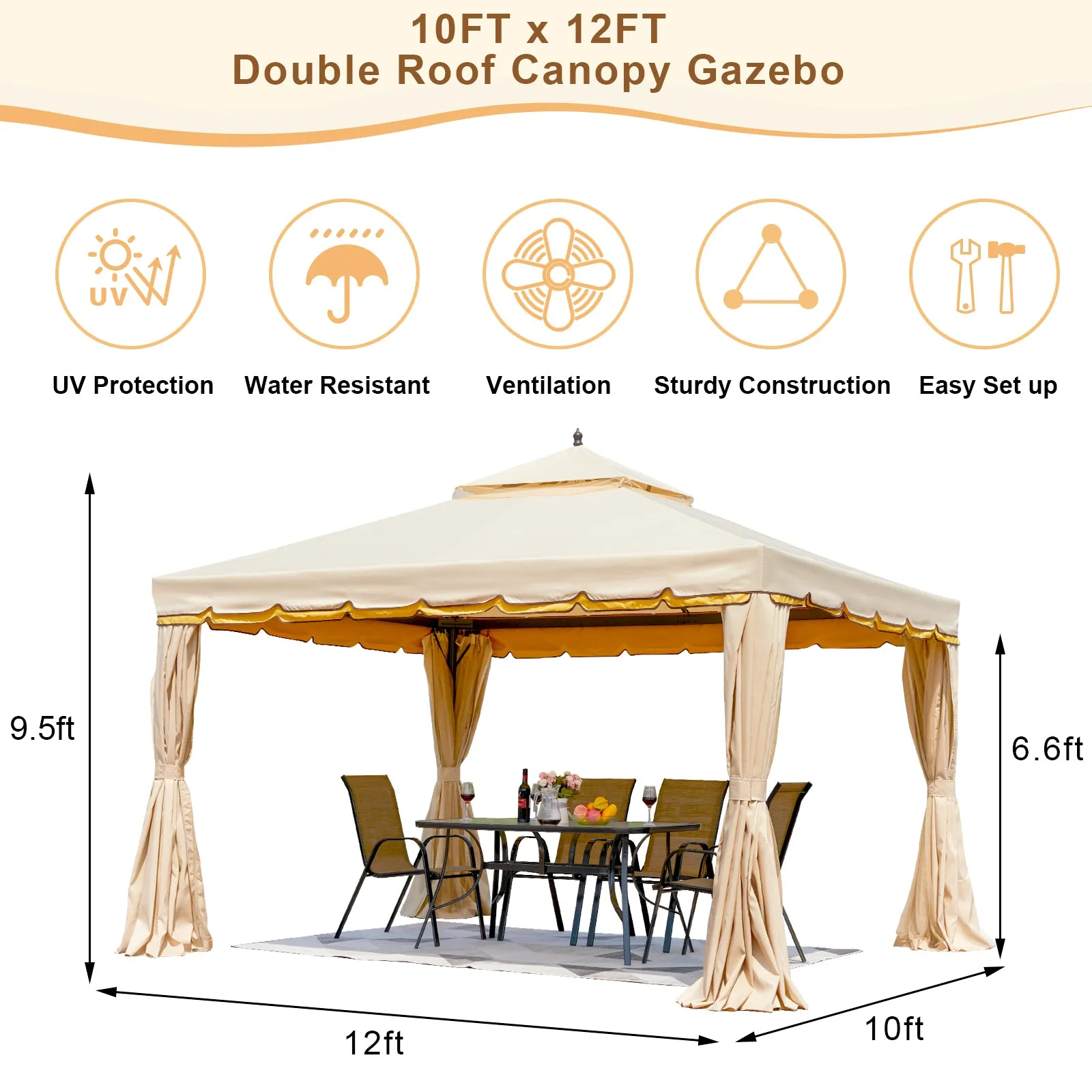 Erommy 10' x 12' Outdoor Canopy Gazebo, Double Roof Patio Gazebo Steel Frame with Netting and Shade Curtains for Garden, Patio, Party Canopy, Beige