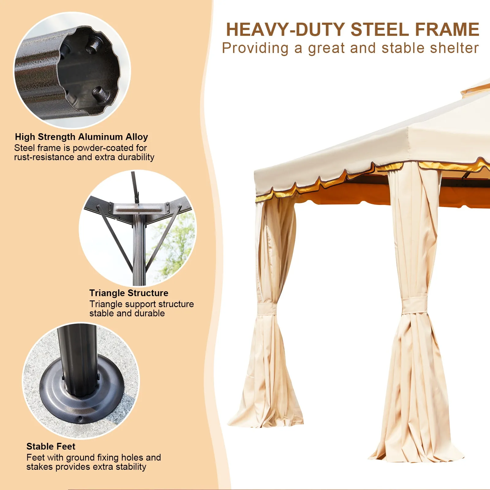Erommy 12' x 12' Outdoor Canopy Gazebo, Double Roof Patio Gazebo Steel Frame with Netting and Shade Curtains for Garden,Patio,Party Canopy, Beige