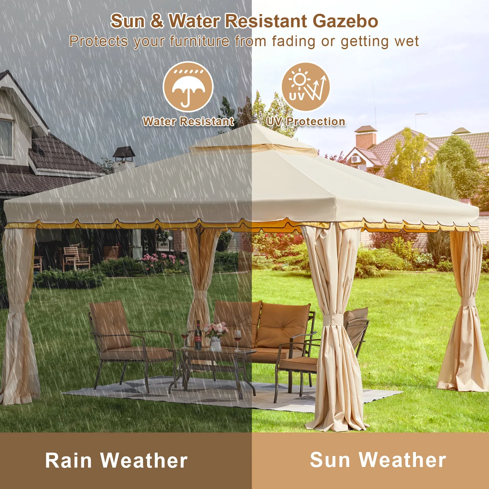 Erommy 12' x 12' Outdoor Canopy Gazebo, Double Roof Patio Gazebo Steel Frame with Netting and Shade Curtains for Garden,Patio,Party Canopy, Beige