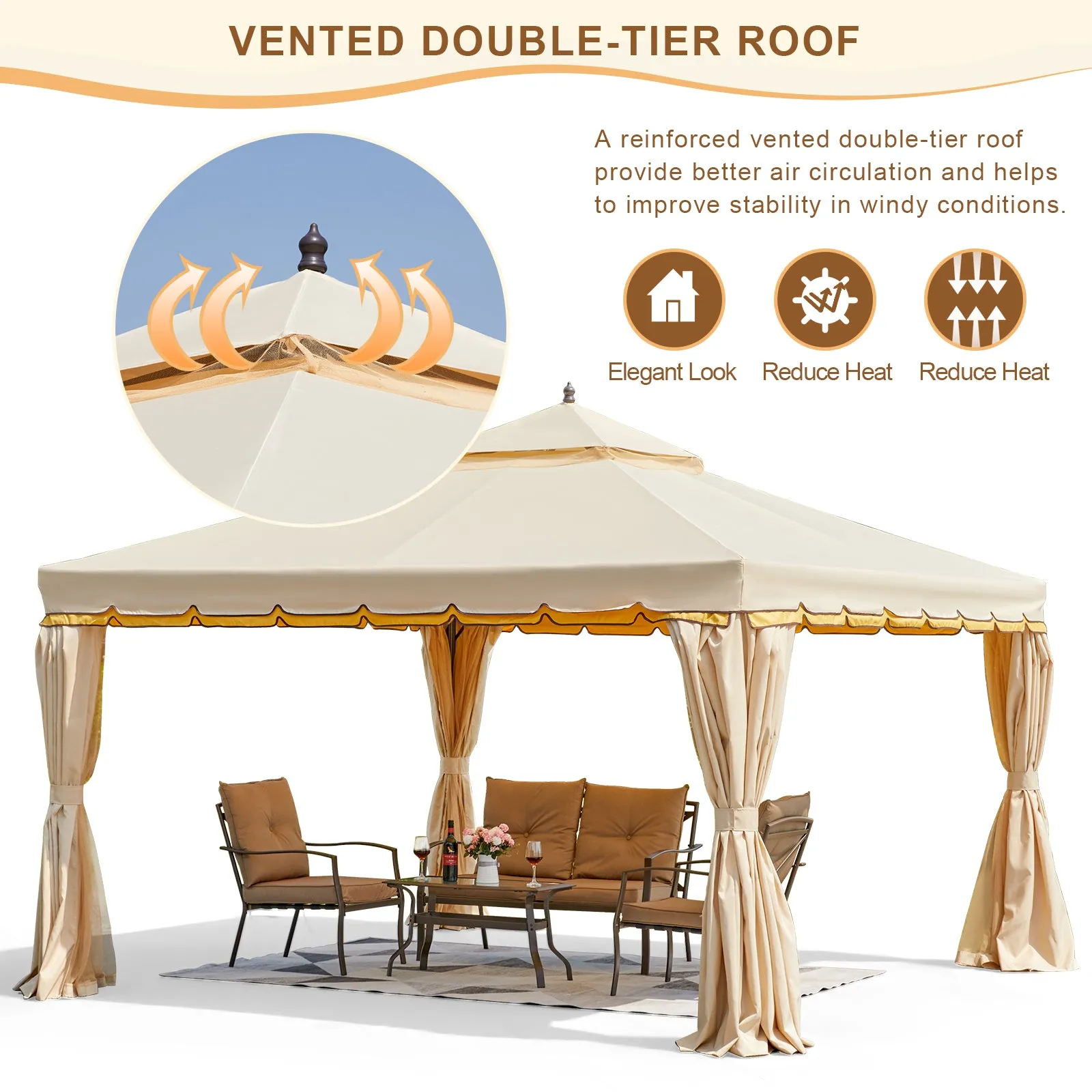 Erommy 12' x 12' Outdoor Canopy Gazebo, Double Roof Patio Gazebo Steel Frame with Netting and Shade Curtains for Garden,Patio,Party Canopy, Beige