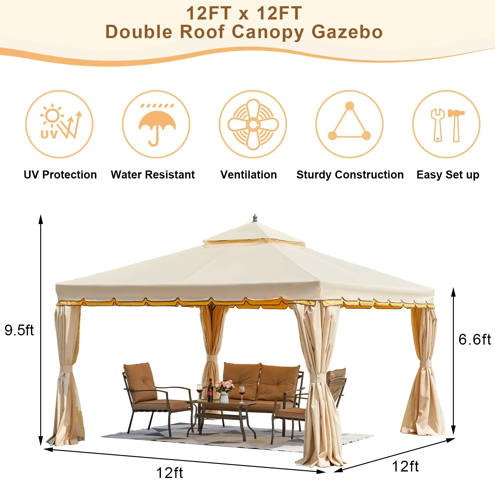 Erommy 12' x 12' Outdoor Canopy Gazebo, Double Roof Patio Gazebo Steel Frame with Netting and Shade Curtains for Garden,Patio,Party Canopy, Beige