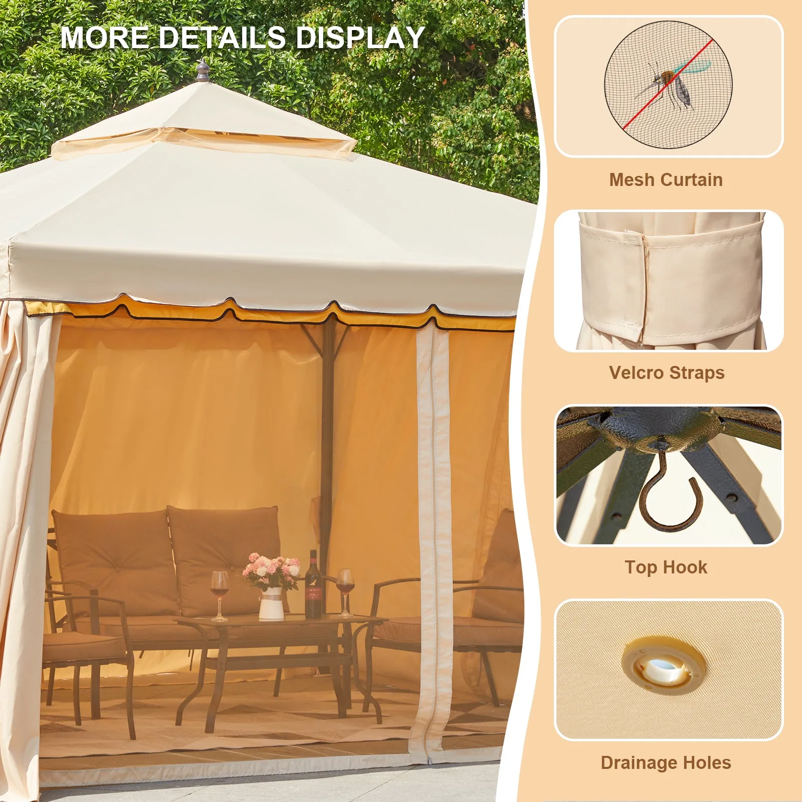 Erommy 12' x 12' Outdoor Canopy Gazebo, Double Roof Patio Gazebo Steel Frame with Netting and Shade Curtains for Garden,Patio,Party Canopy, Beige