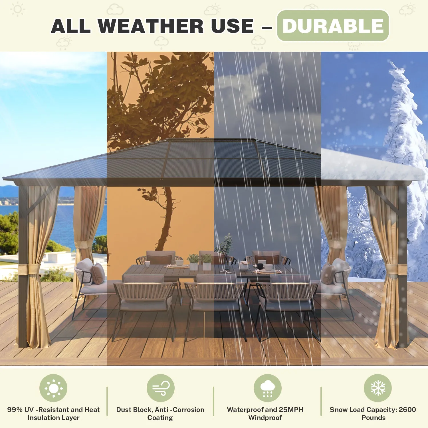 EROMMY 12' x 16'  Hardtop Gazebo, Outdoor Polycarbonate Roof Canopy, Aluminum Frame Permanent Pavilion