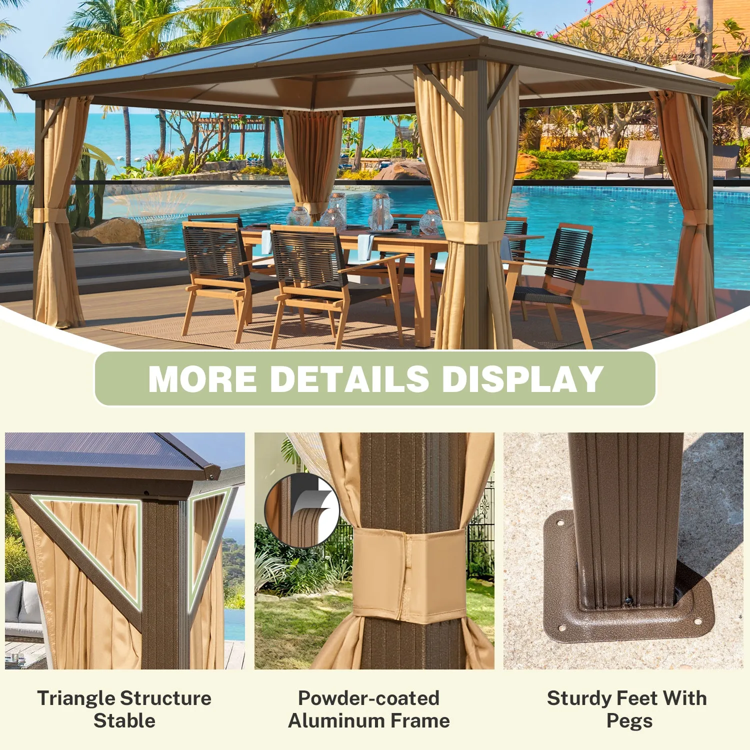 EROMMY 12' x 16'  Hardtop Gazebo, Outdoor Polycarbonate Roof Canopy, Aluminum Frame Permanent Pavilion
