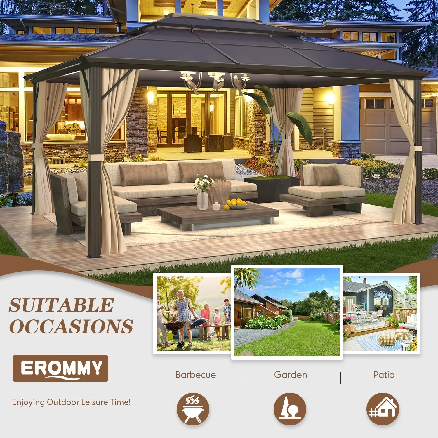EROMMY 12' x 16' Patio Hardtop Gazebos Canopy Polycarbonate Double-Roof w/ Netting & Curtains