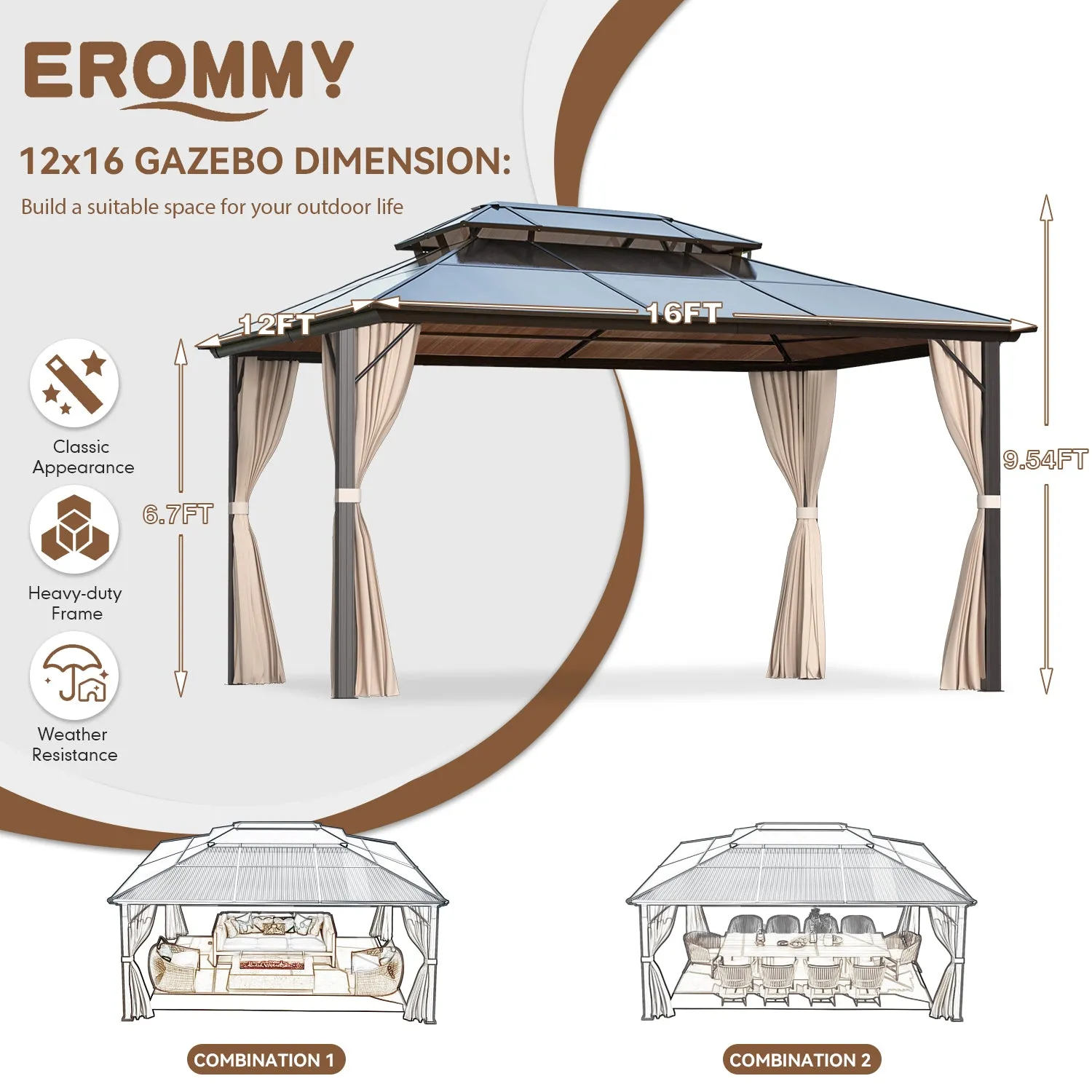 EROMMY 12' x 16' Patio Hardtop Gazebos Canopy Polycarbonate Double-Roof w/ Netting & Curtains