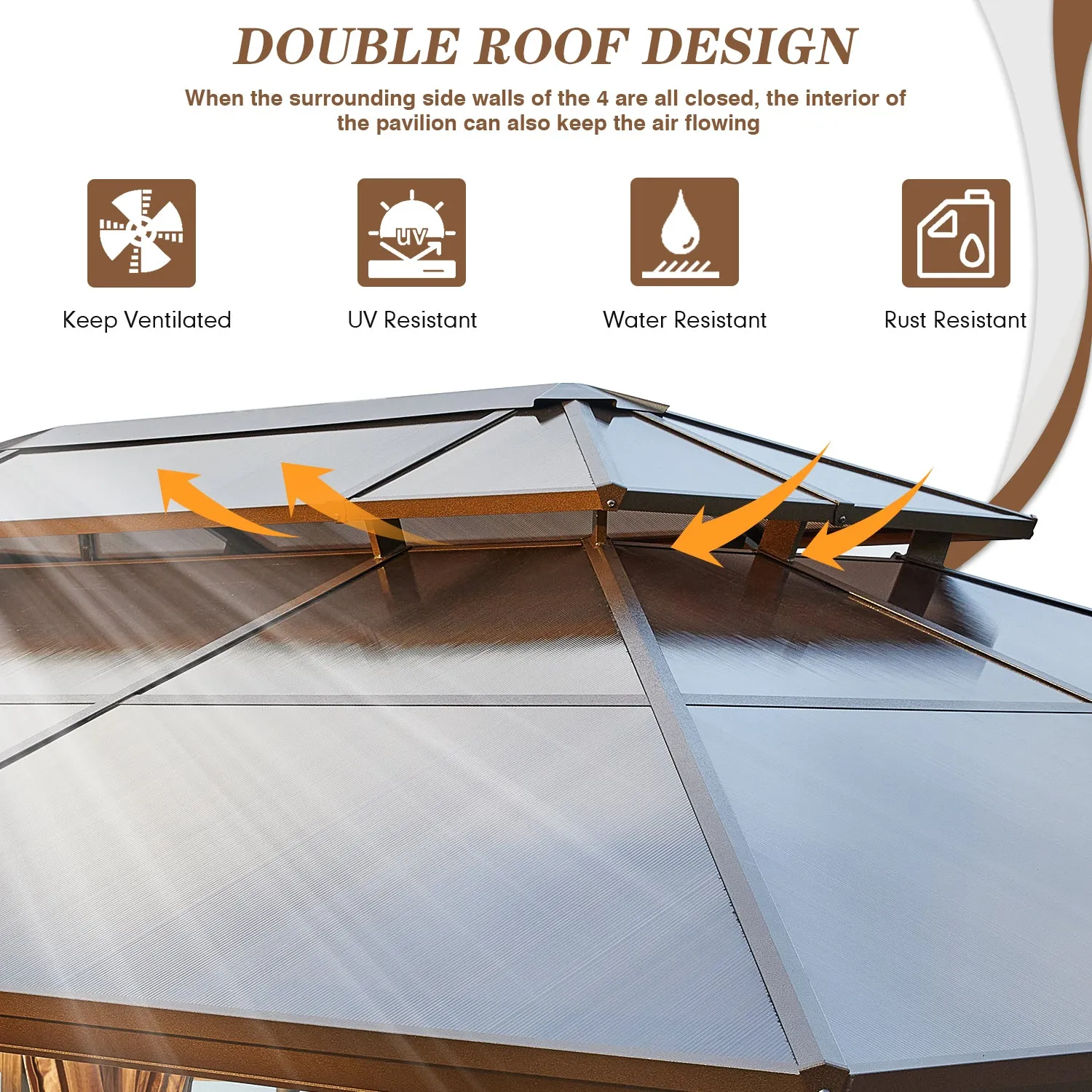 EROMMY 12' x 16' Patio Hardtop Gazebos Canopy Polycarbonate Double-Roof w/ Netting & Curtains