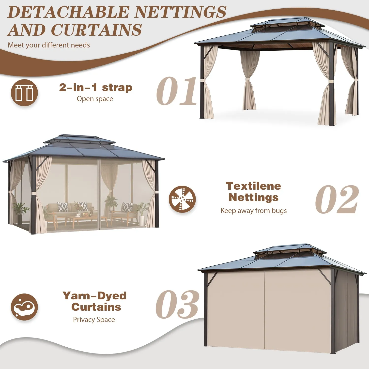 EROMMY 12' x 16' Patio Hardtop Gazebos Canopy Polycarbonate Double-Roof w/ Netting & Curtains