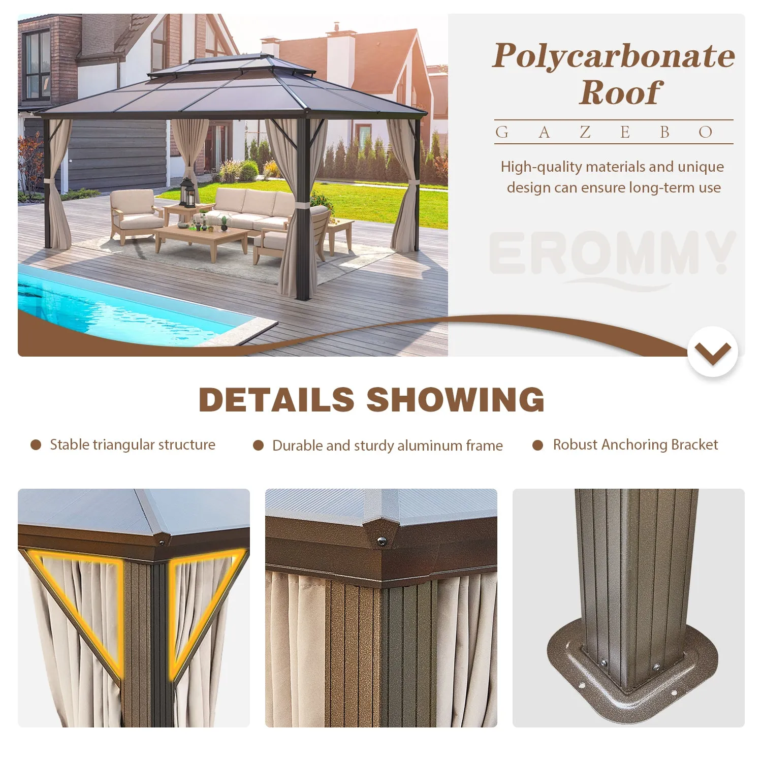 EROMMY 12' x 16' Patio Hardtop Gazebos Canopy Polycarbonate Double-Roof w/ Netting & Curtains