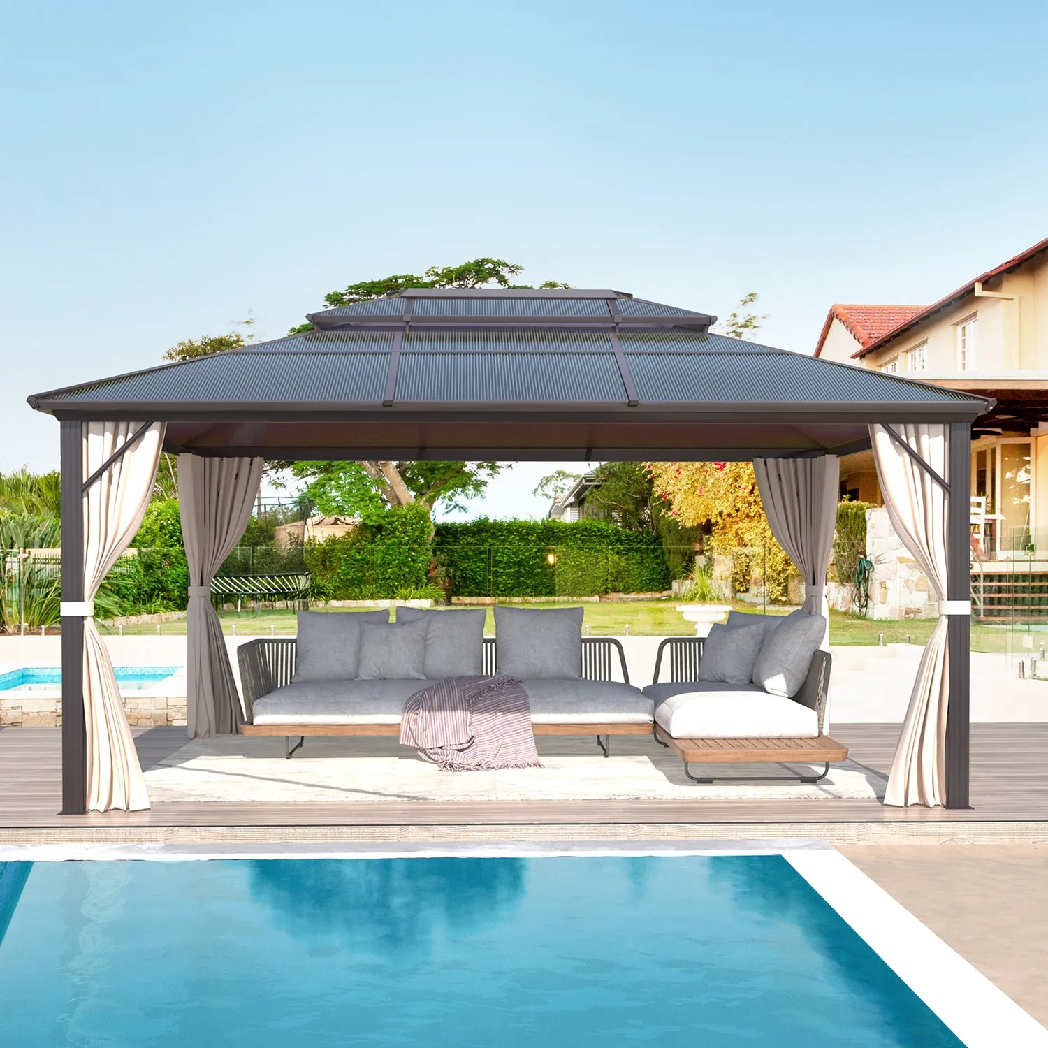 EROMMY 12' x 16' Patio Hardtop Gazebos Canopy Polycarbonate Double-Roof w/ Netting & Curtains