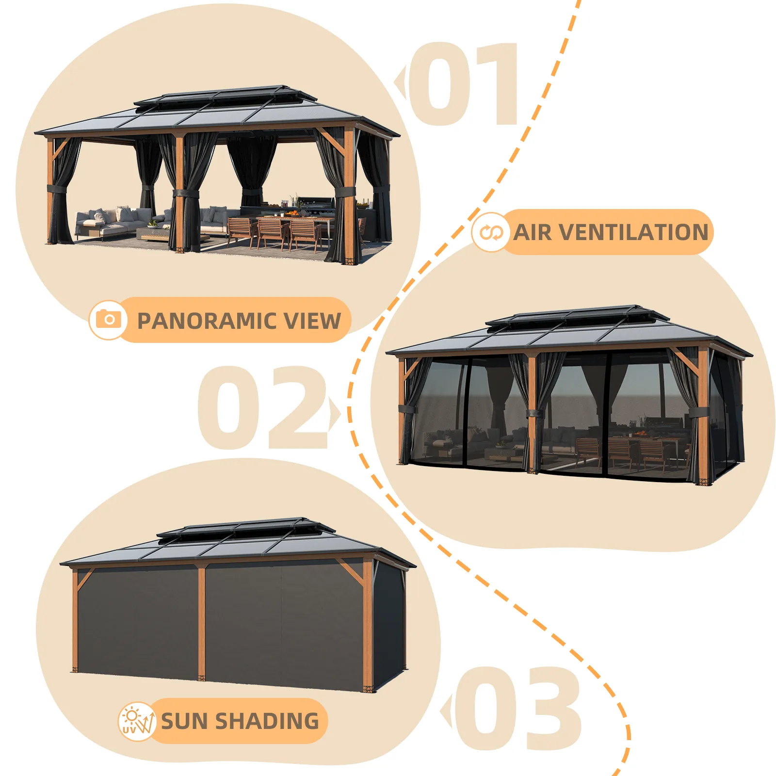EROMMY 12' x 20' Hardtop Gazebo, Faux Wood Grain Aluminum Outdoor Gazebo, Polycarbonate Double Roof, Curtains and Netting, Permanent Gazebo