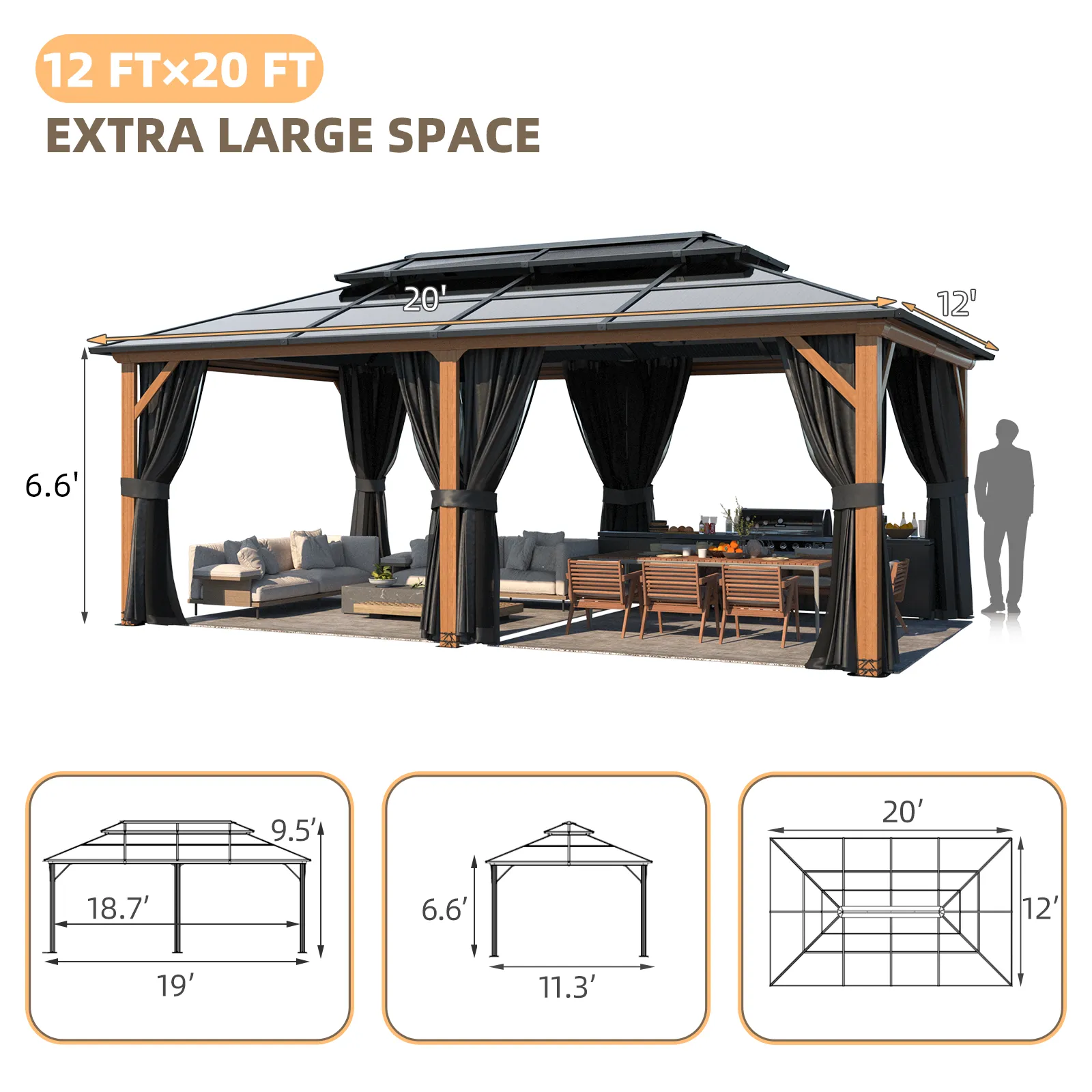 EROMMY 12' x 20' Hardtop Gazebo, Faux Wood Grain Aluminum Outdoor Gazebo, Polycarbonate Double Roof, Curtains and Netting, Permanent Gazebo