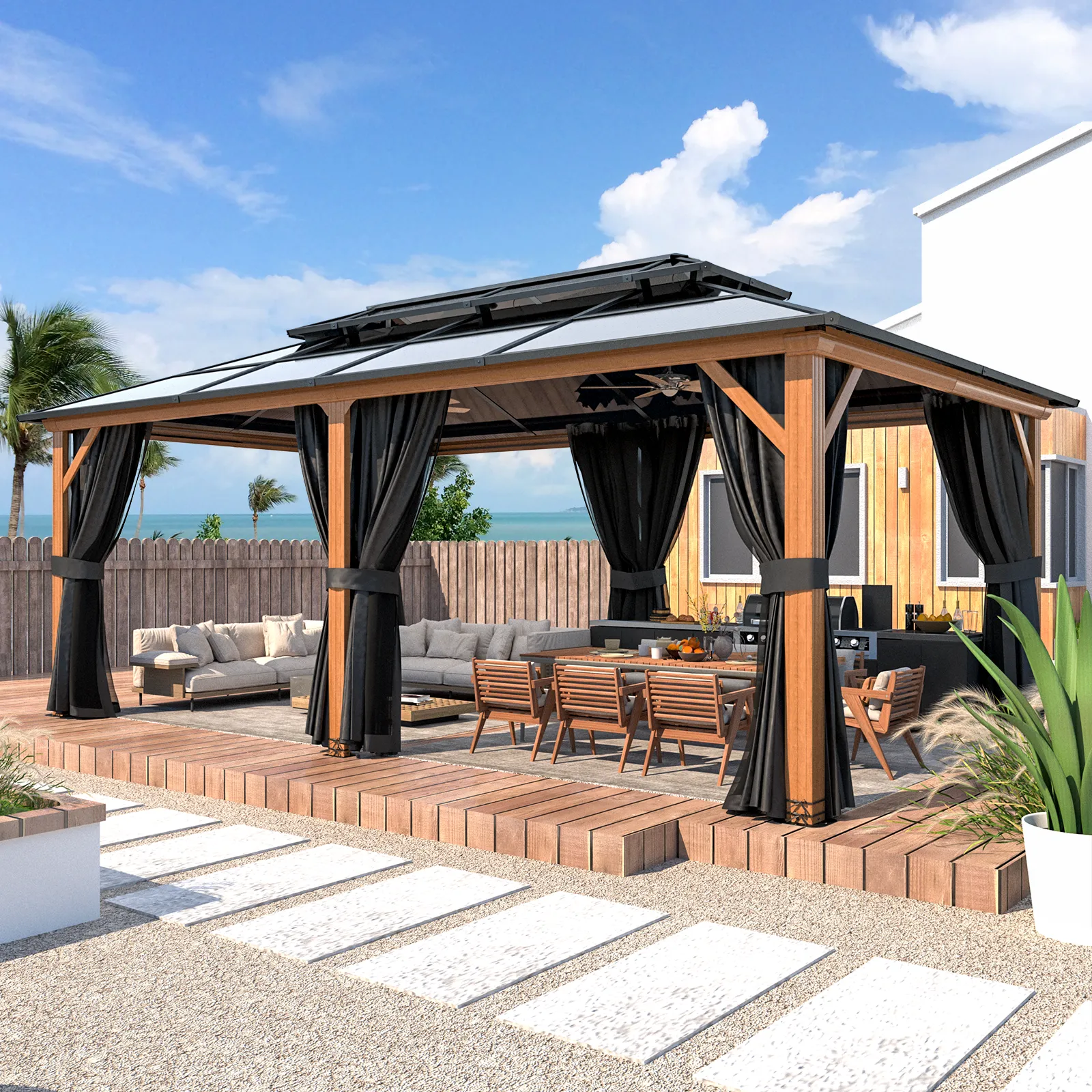EROMMY 12' x 20' Hardtop Gazebo, Faux Wood Grain Aluminum Outdoor Gazebo, Polycarbonate Double Roof, Curtains and Netting, Permanent Gazebo
