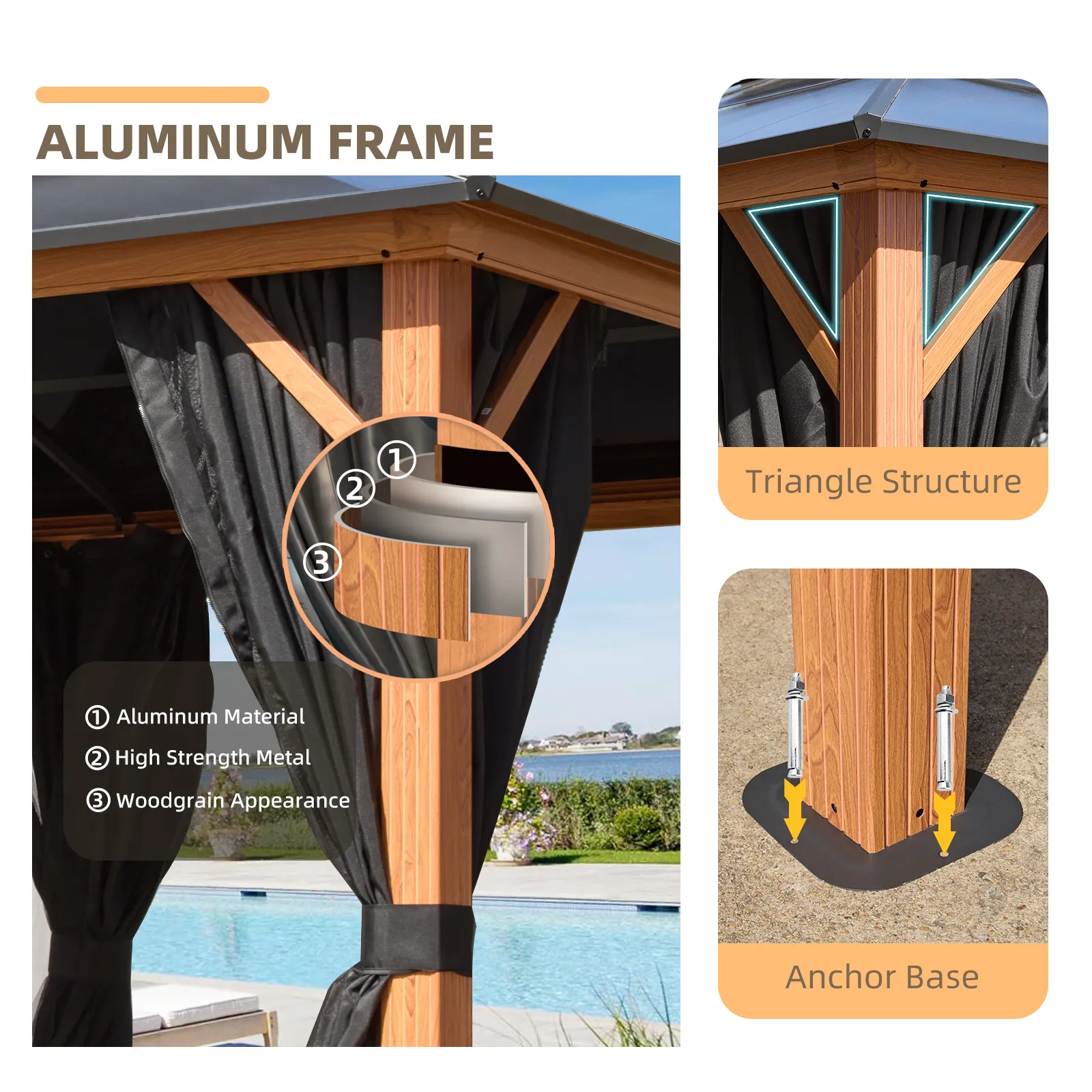 EROMMY 12' x 20' Hardtop Gazebo, Faux Wood Grain Aluminum Outdoor Gazebo, Polycarbonate Double Roof, Curtains and Netting, Permanent Gazebo