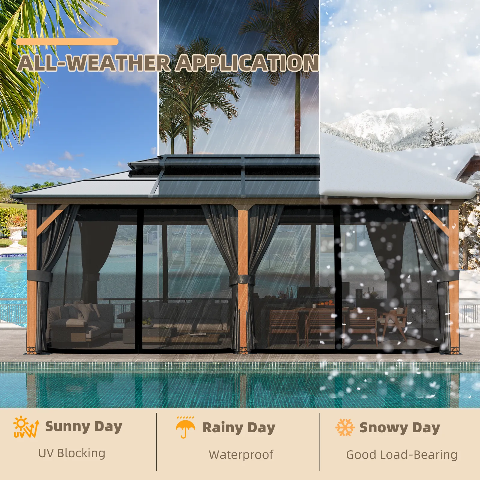 EROMMY 12' x 20' Hardtop Gazebo, Faux Wood Grain Aluminum Outdoor Gazebo, Polycarbonate Double Roof, Curtains and Netting, Permanent Gazebo