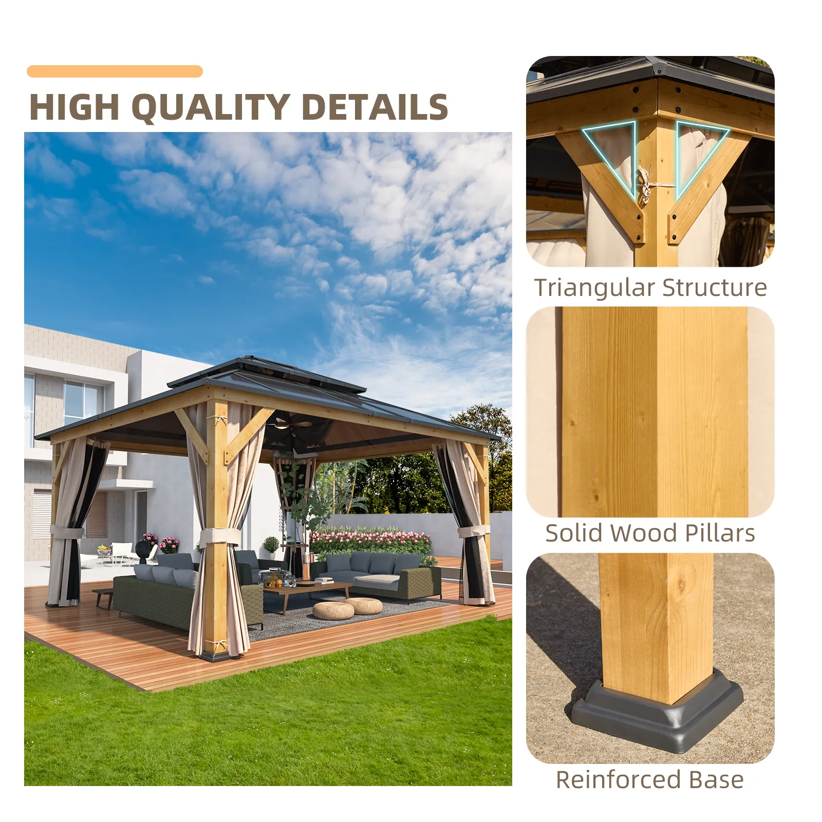 EROMMY 13' x 15' Hardtop Gazebo, Wood Outdoor Gazebo, Polycarbonate Double Roof, Netting and Curtains, Patio Gazebo