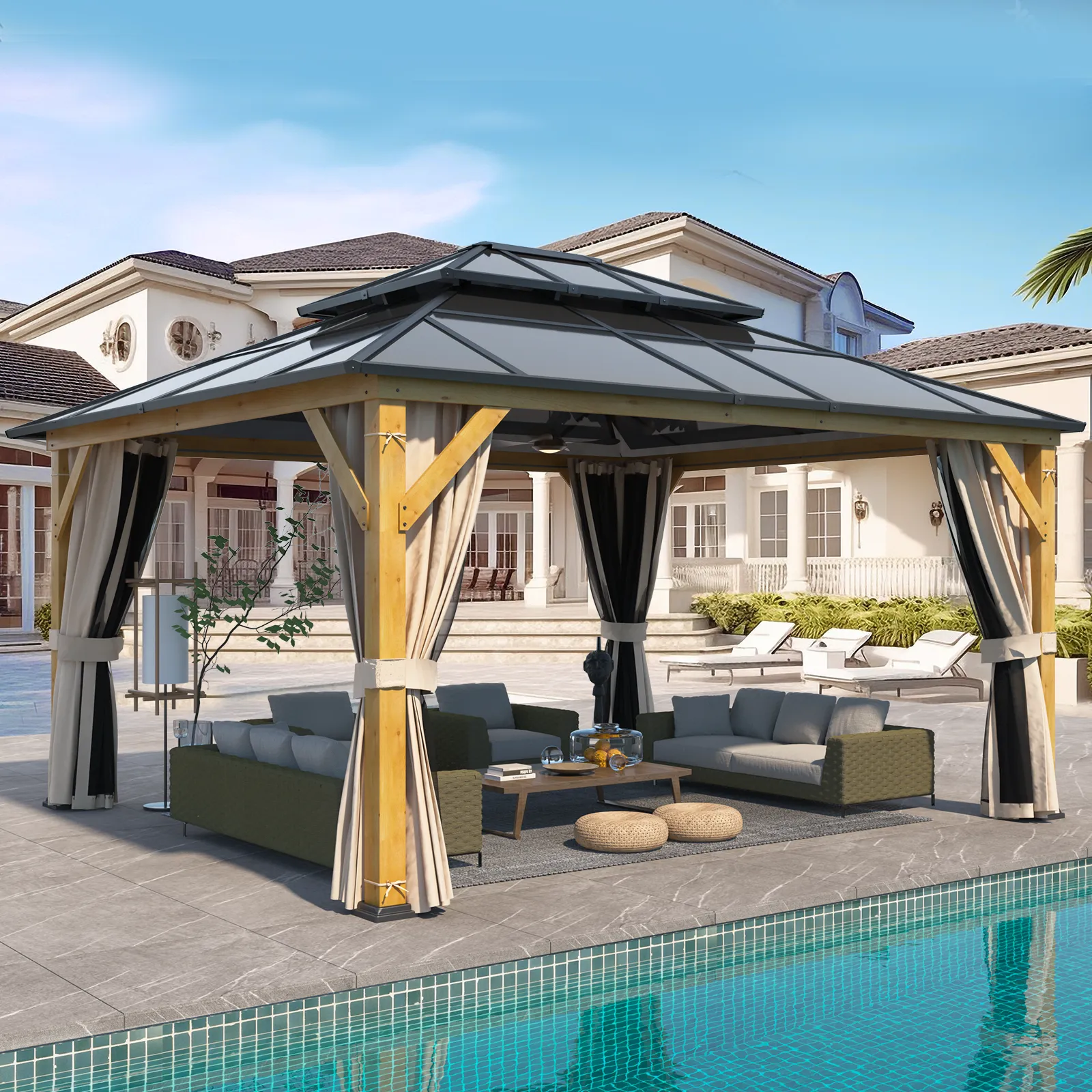 EROMMY 13' x 15' Hardtop Gazebo, Wood Outdoor Gazebo, Polycarbonate Double Roof, Netting and Curtains, Patio Gazebo