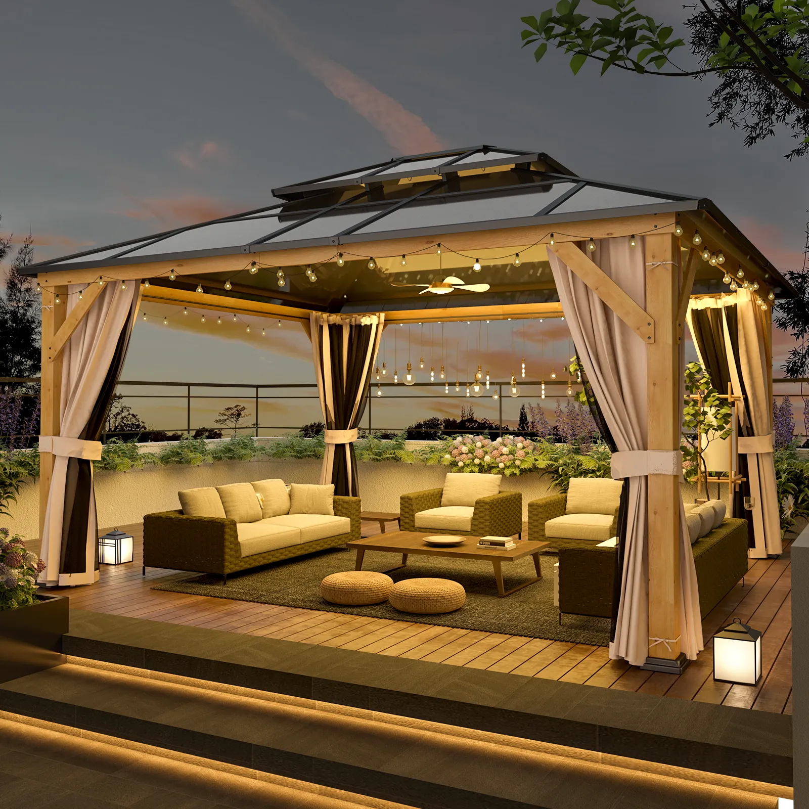 EROMMY 13' x 15' Hardtop Gazebo, Wood Outdoor Gazebo, Polycarbonate Double Roof, Netting and Curtains, Patio Gazebo