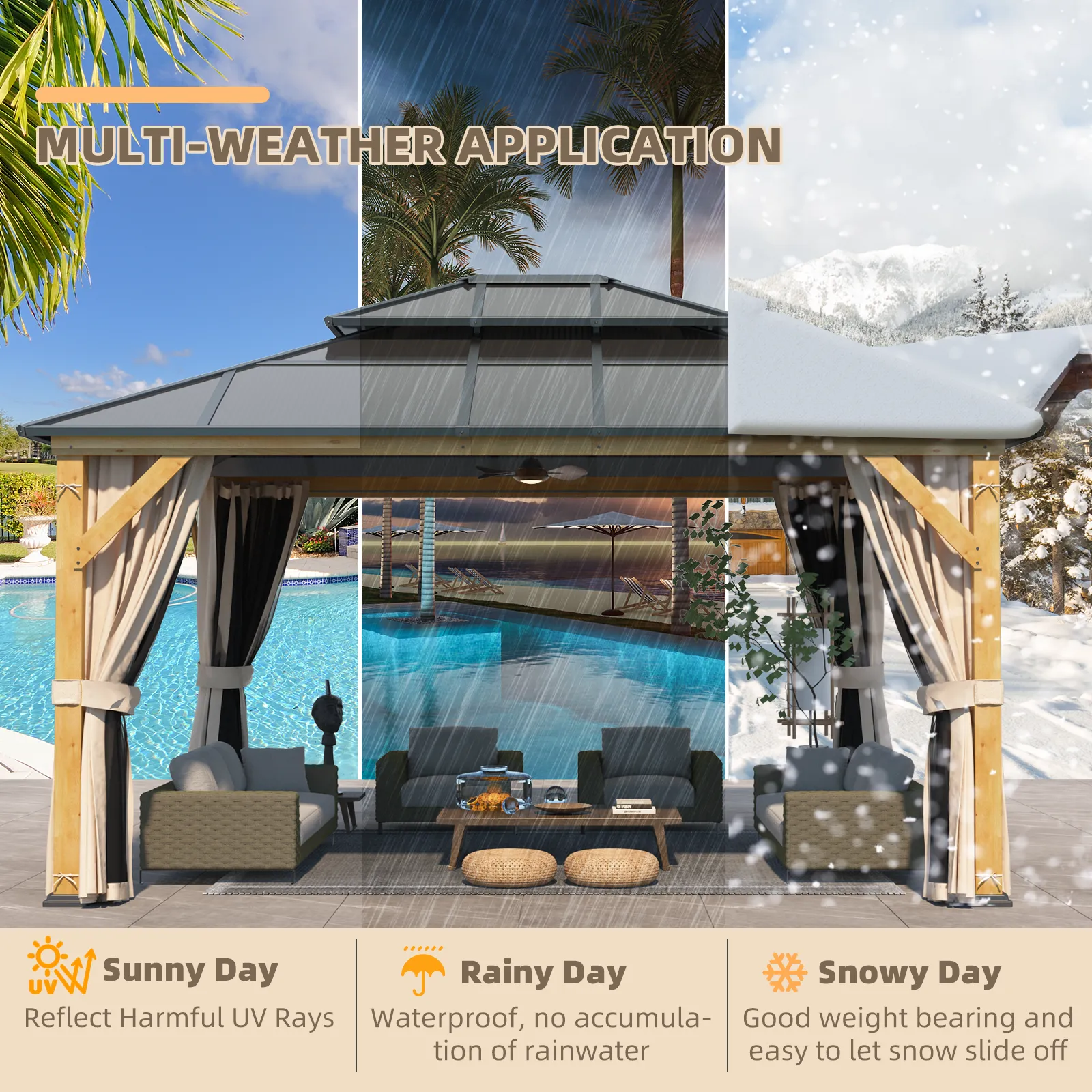 EROMMY 13' x 15' Hardtop Gazebo, Wood Outdoor Gazebo, Polycarbonate Double Roof, Netting and Curtains, Patio Gazebo