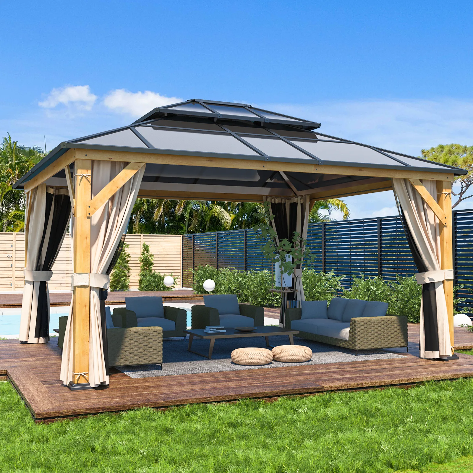 EROMMY 13' x 15' Hardtop Gazebo, Wood Outdoor Gazebo, Polycarbonate Double Roof, Netting and Curtains, Patio Gazebo