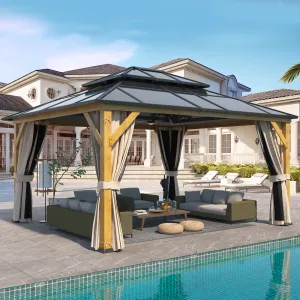 EROMMY 13' x 15' Hardtop Gazebo, Wood Outdoor Gazebo, Polycarbonate Double Roof, Netting and Curtains, Patio Gazebo
