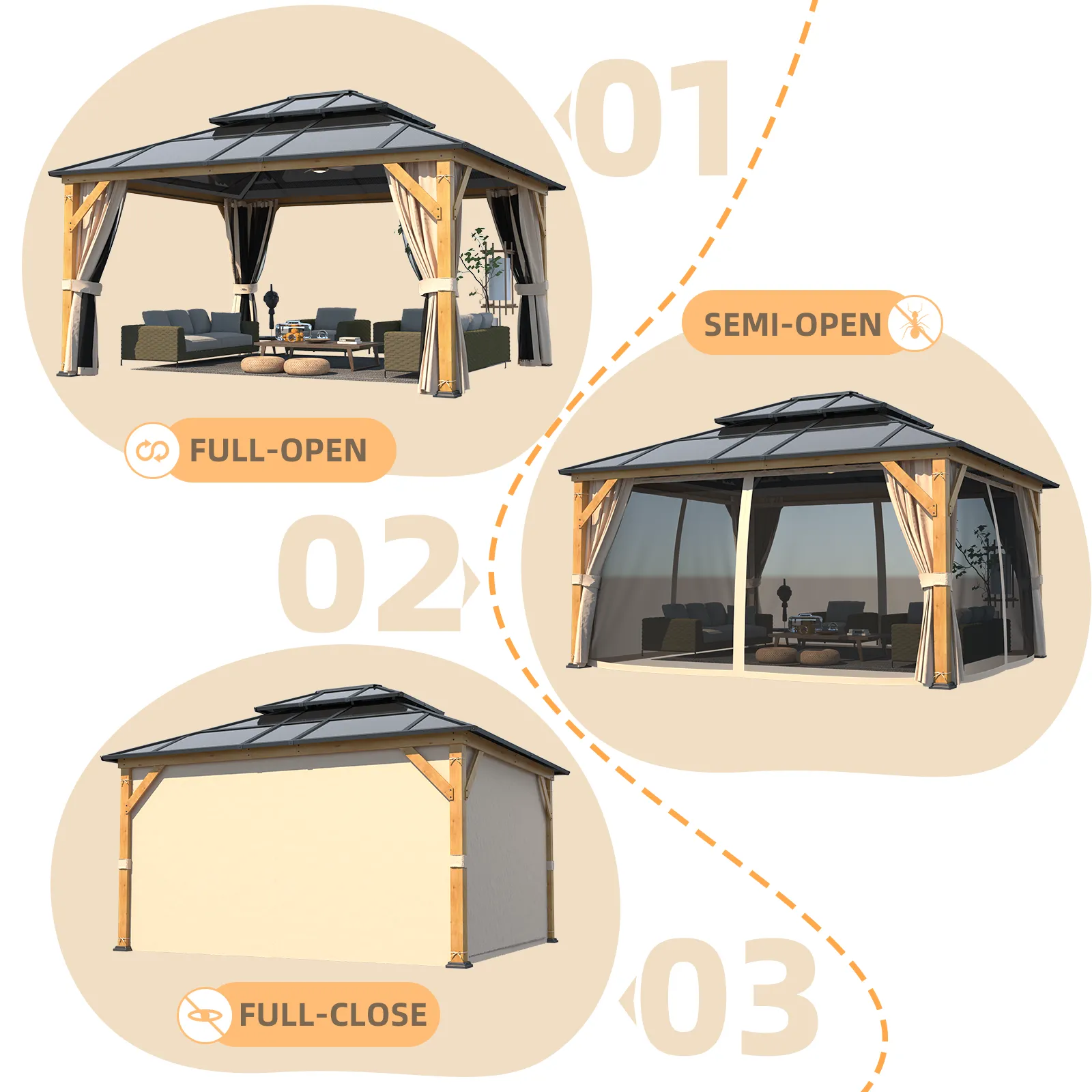 EROMMY 13' x 15' Hardtop Gazebo, Wood Outdoor Gazebo, Polycarbonate Double Roof, Netting and Curtains, Patio Gazebo