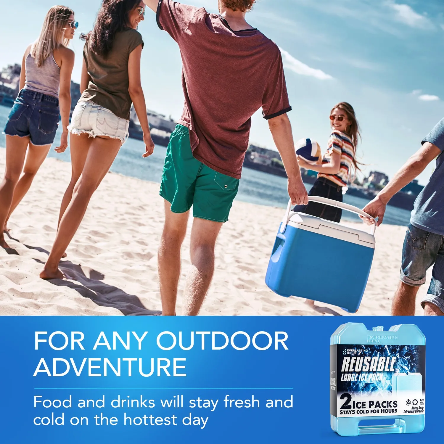 Everlasting Ice RX Large Reusable Ice Packs for Cooler with Handle (4 Pack) Long Lasting Coolness, BPA Free, Freezer Packs for Extended Cooling | Cooler Ice Packs for Camping, Fishing, Hiking, Beach