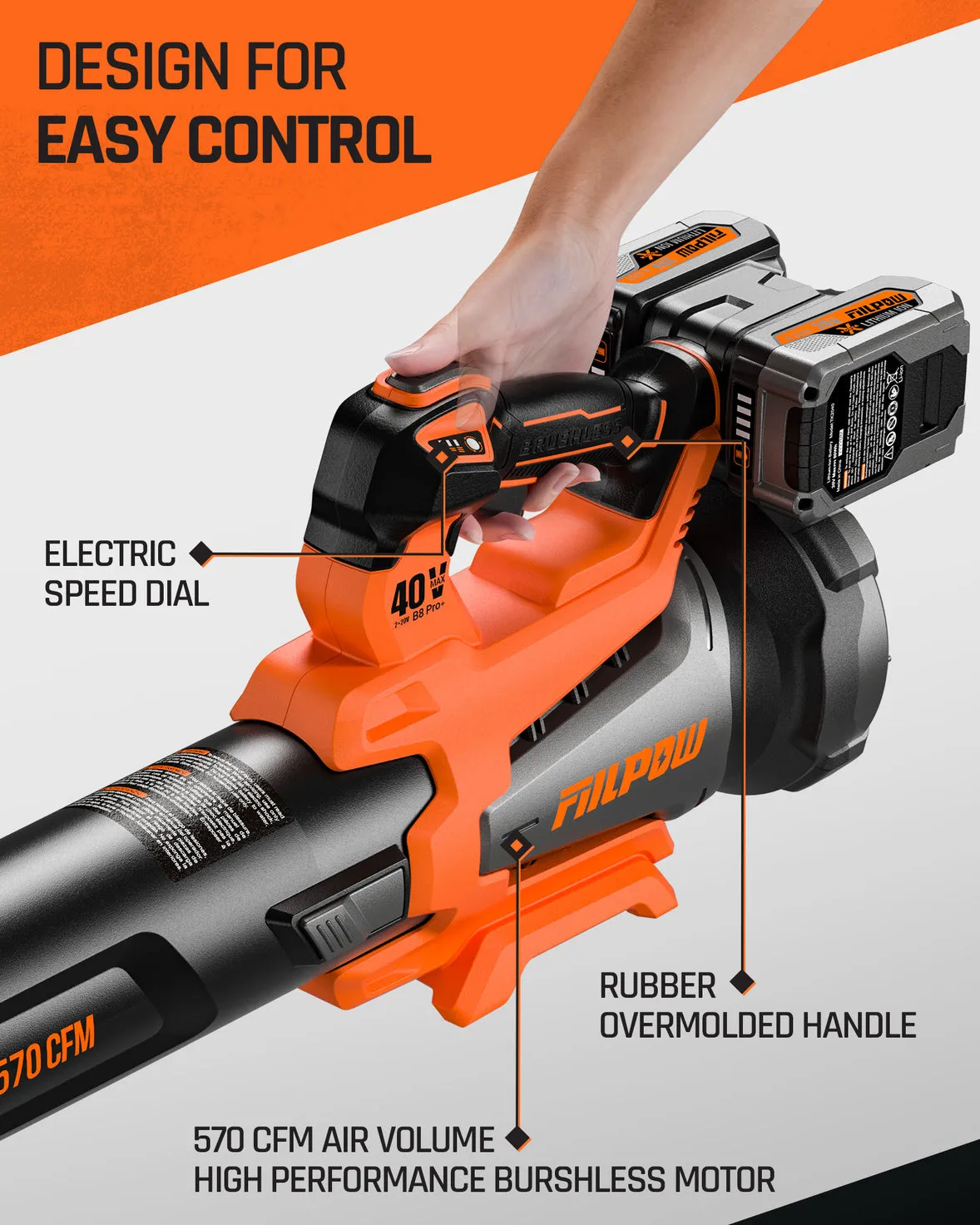 FIILPOW B8 Pro  Cordless 40V 570CFM Leaf Blower with 2x 4.0Ah Batteries and Fast Charger, Turbo Mode and 3 Variable Speed Lock