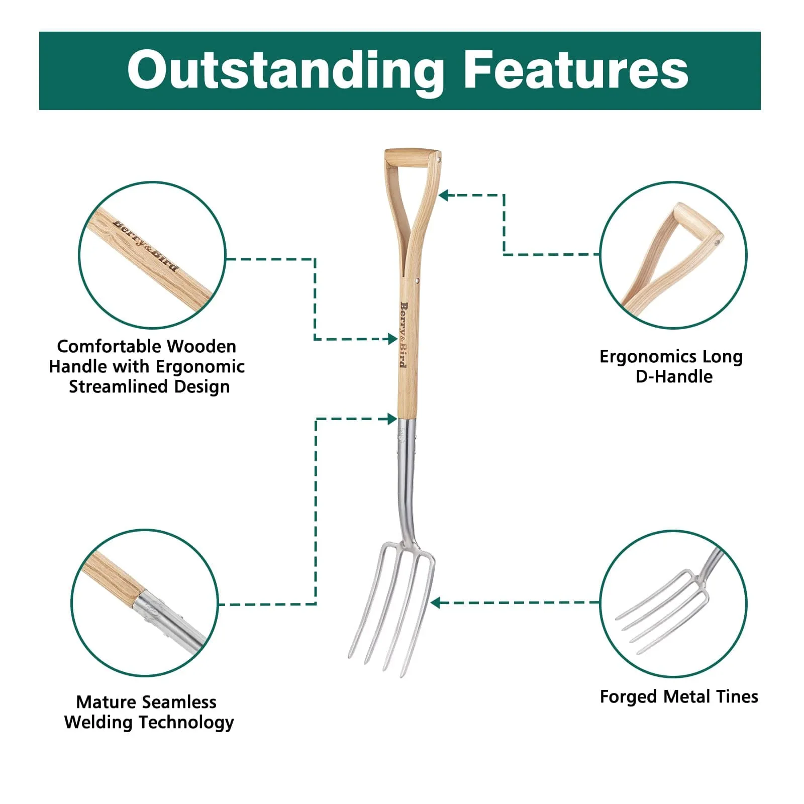 Garden Tools 4-Tine Stainless Steel Heavy Duty Spading Fork 43.9 inches D-Grip Handle