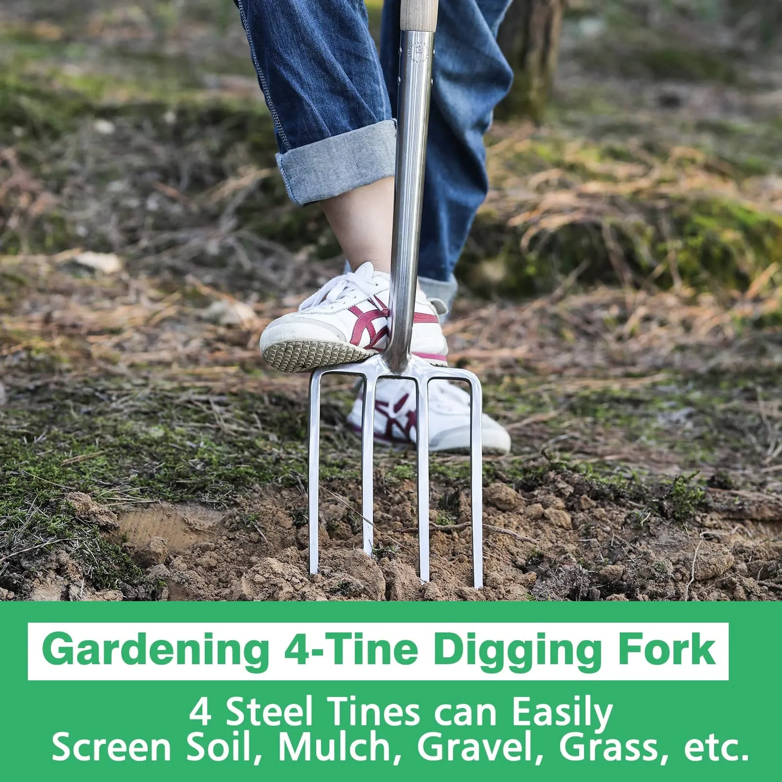 Garden Tools 4-Tine Stainless Steel Heavy Duty Spading Fork 43.9 inches D-Grip Handle