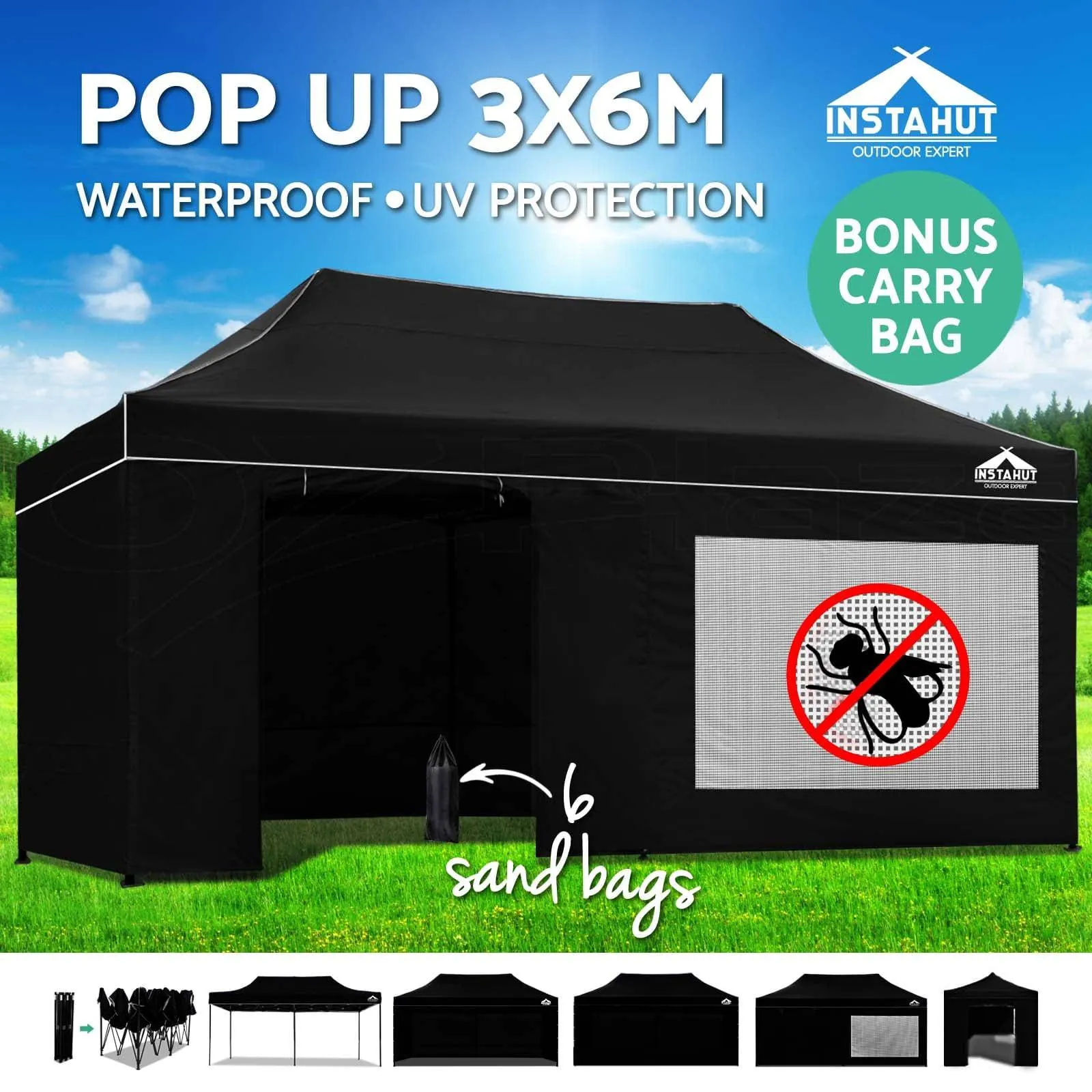 Gazebo Pop Up Marquee 3x6m Folding Wedding Tent Gazebos Shade Black