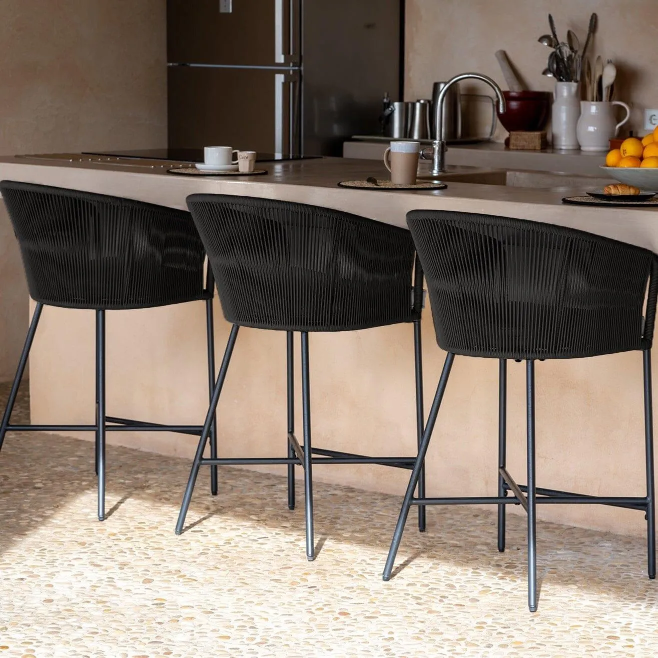 Hali Black Rope Garden Bar Stool with Cushion - Set of 4