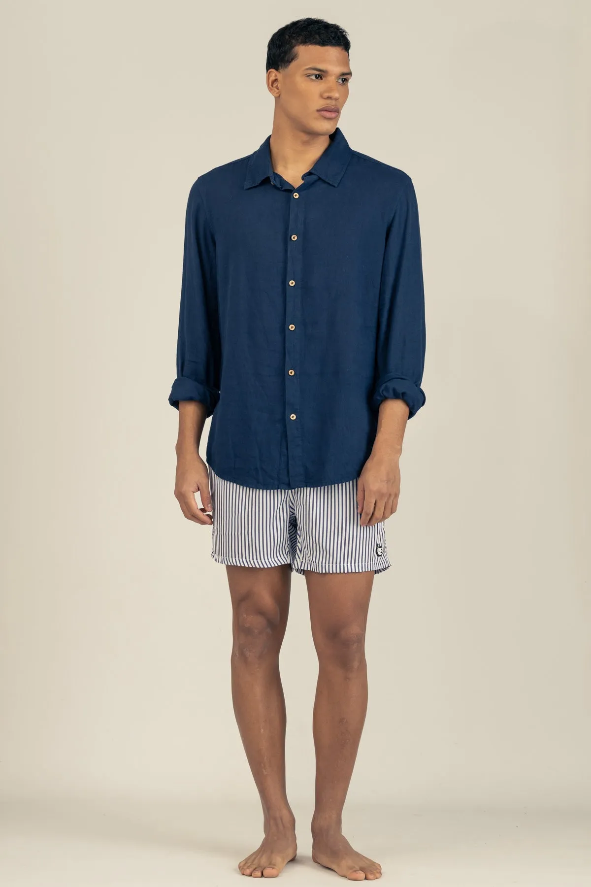Long Sleeve Linen Cotton Shirt in Oceano
