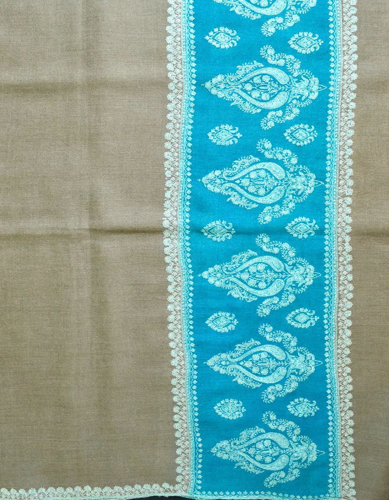 Natural & Blue Pashmina Shawl With Sozni Work 5793