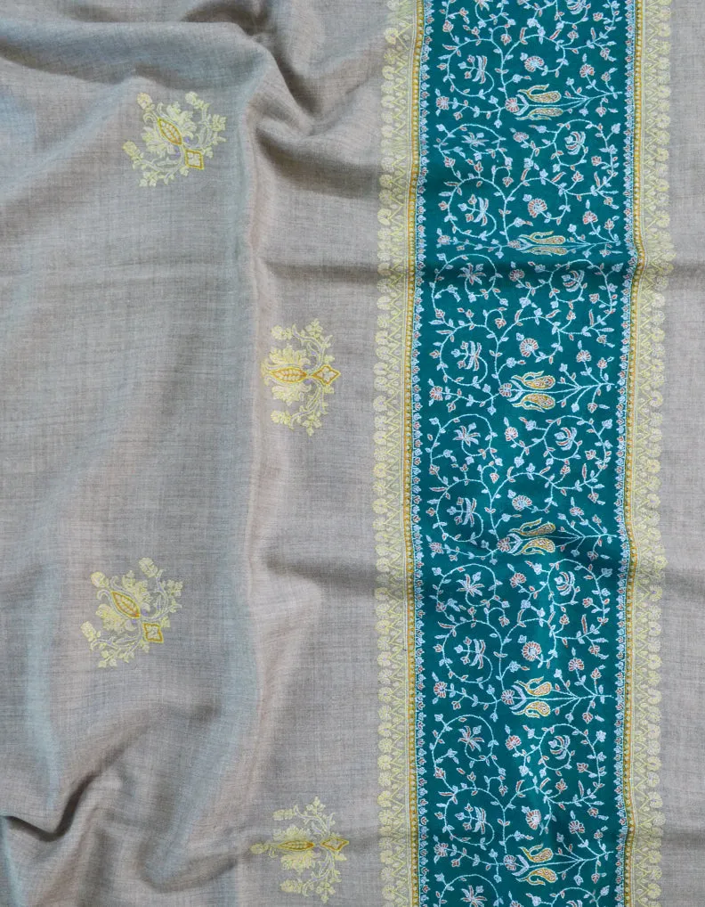 Natural & Green Pashmina Shawl With Sozni Work 5404