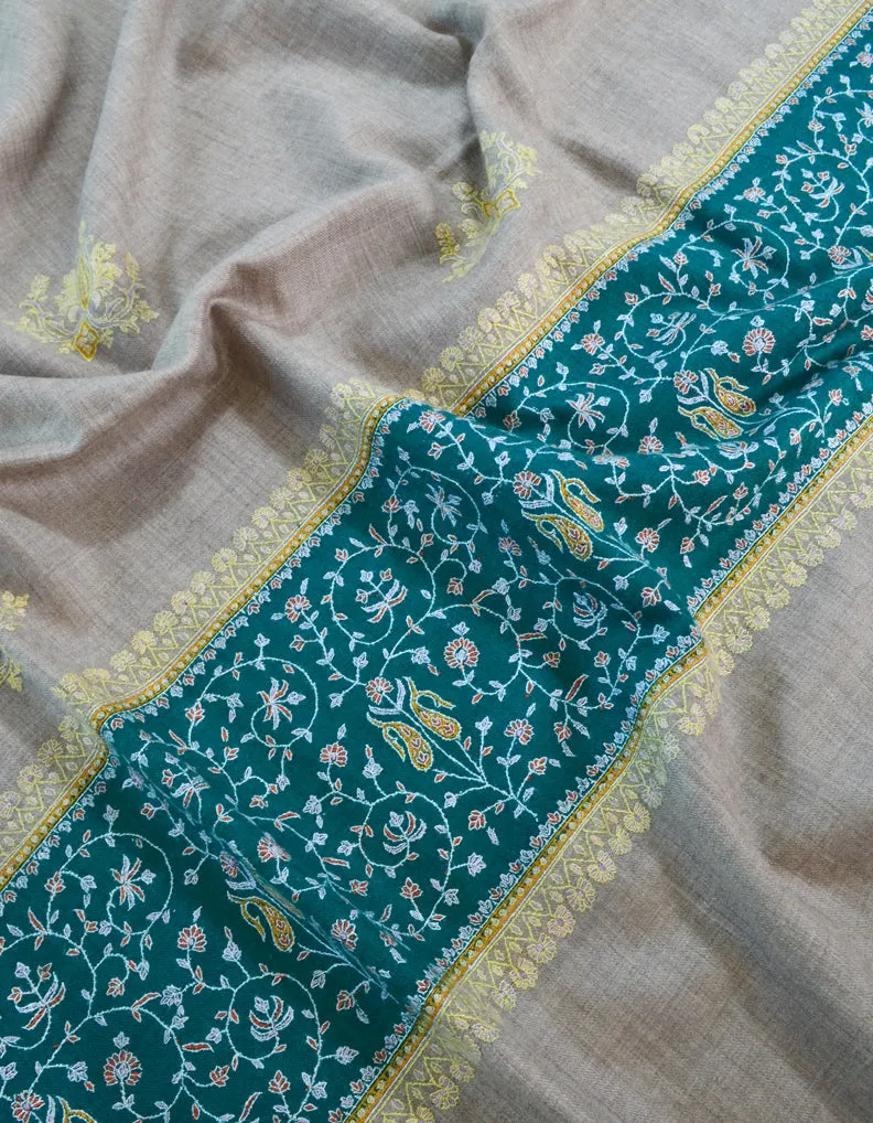 Natural & Green Pashmina Shawl With Sozni Work 5404