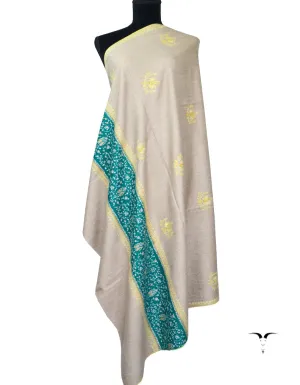 Natural & Green Pashmina Shawl With Sozni Work 5404