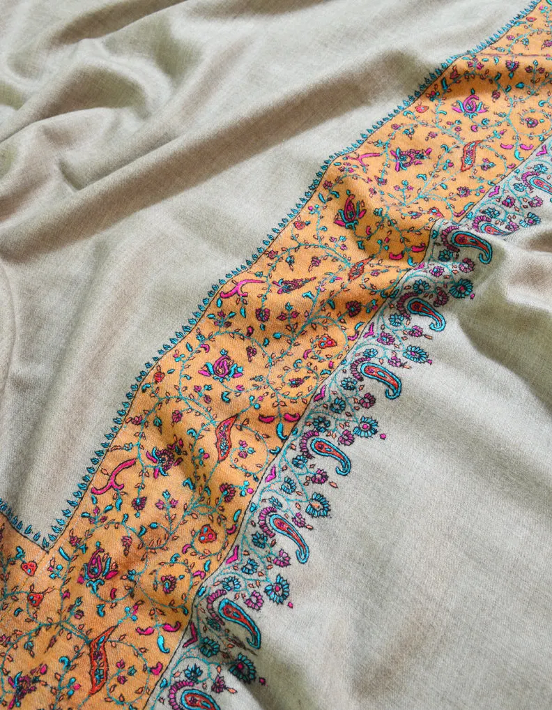 Natural & Orange Pashmina Shawl With Sozni Work 5789