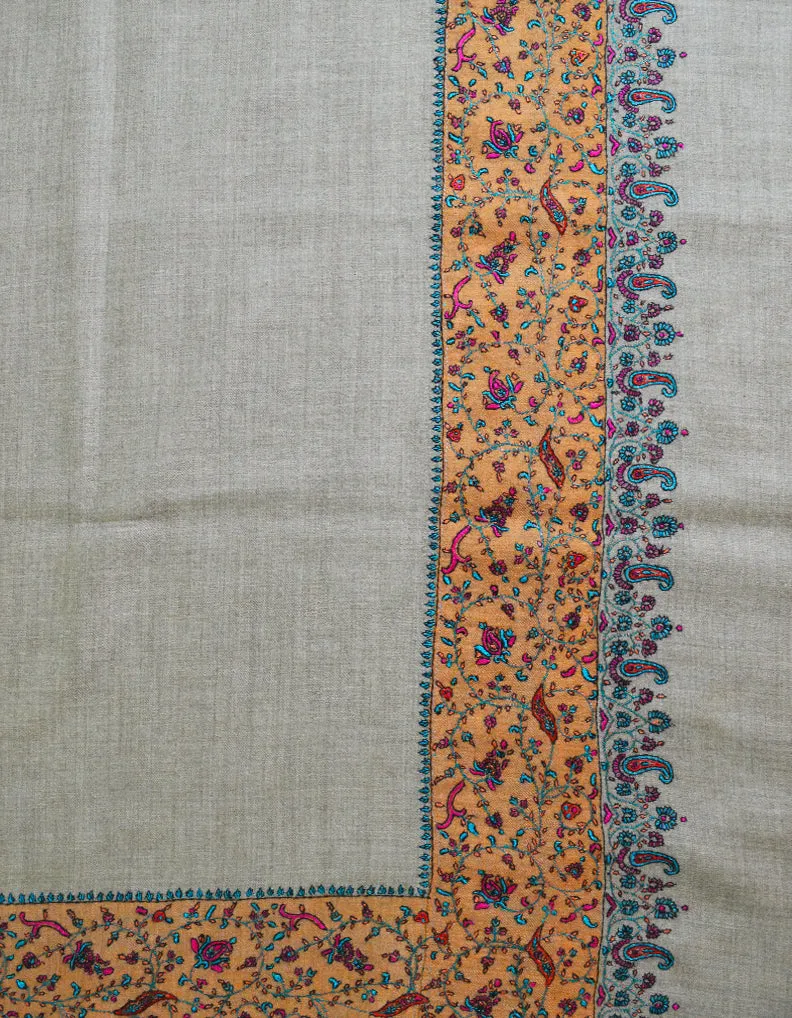 Natural & Orange Pashmina Shawl With Sozni Work 5789